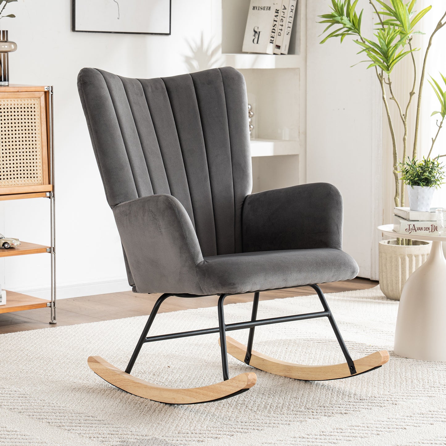 Ergonomic Grey Rocking Chair with Footstool - 97 cm High, 48 cm Seat