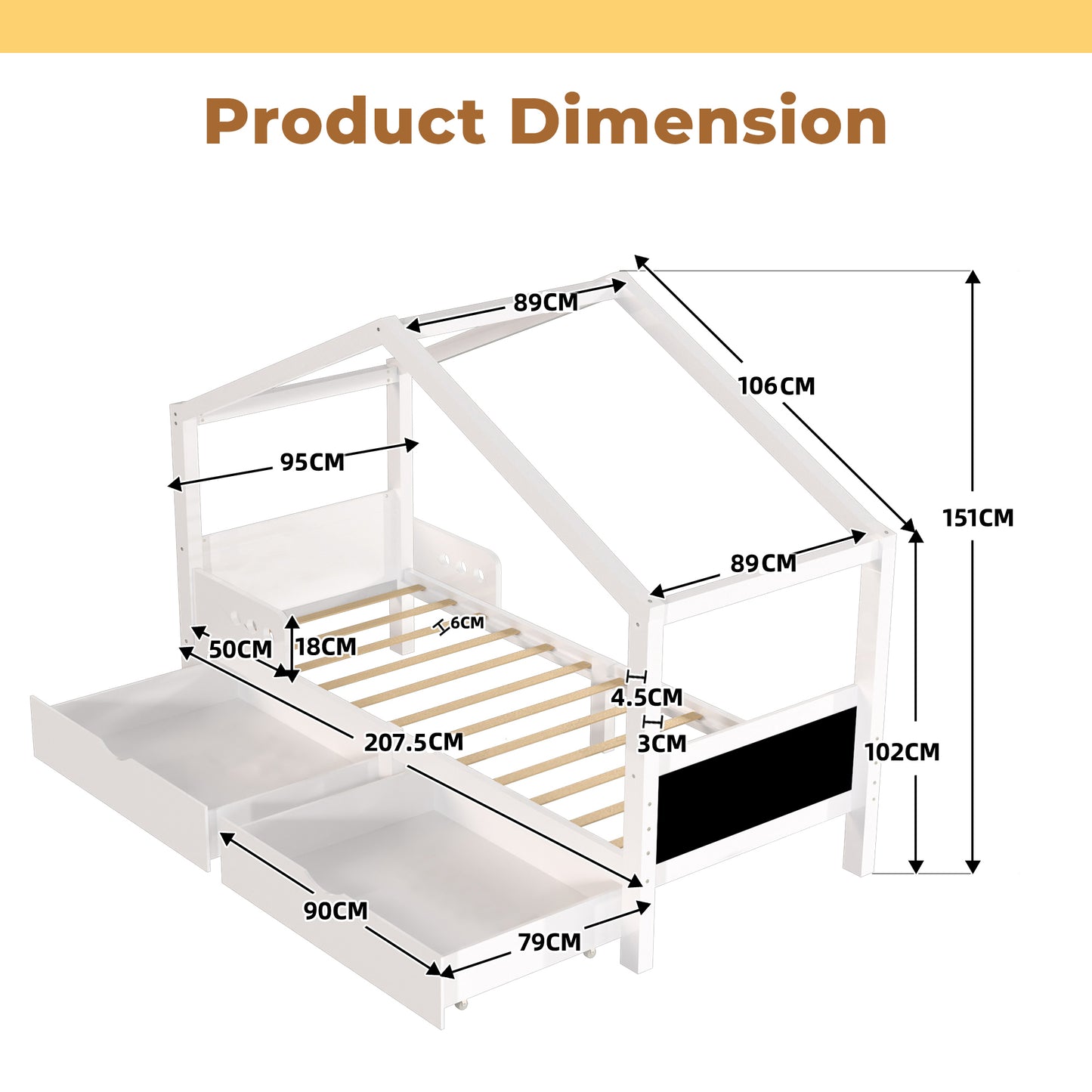 90x200cm White Pine Children's Bed with Double Drawers & Fall Protection