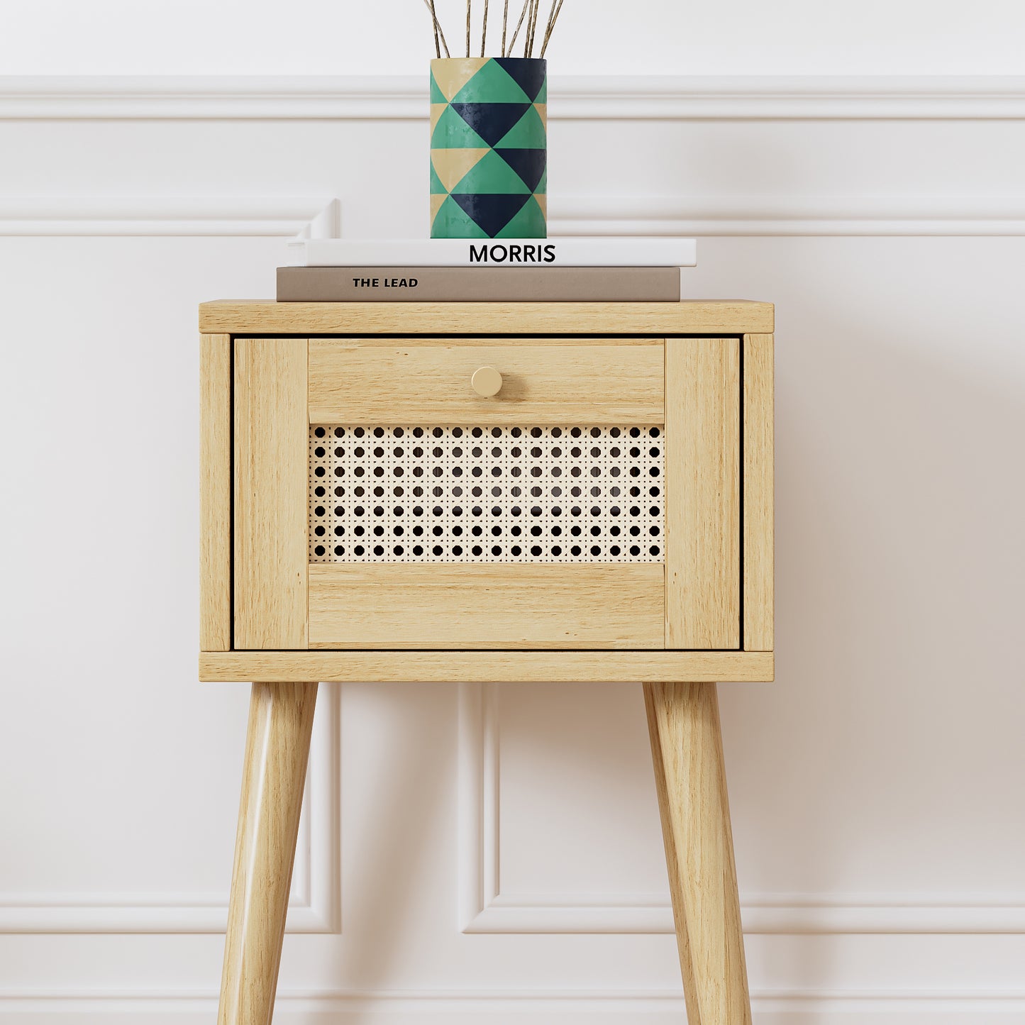 Natural Rattan 1-Drawer Bedside Table with Gold-Colored Metal Handle