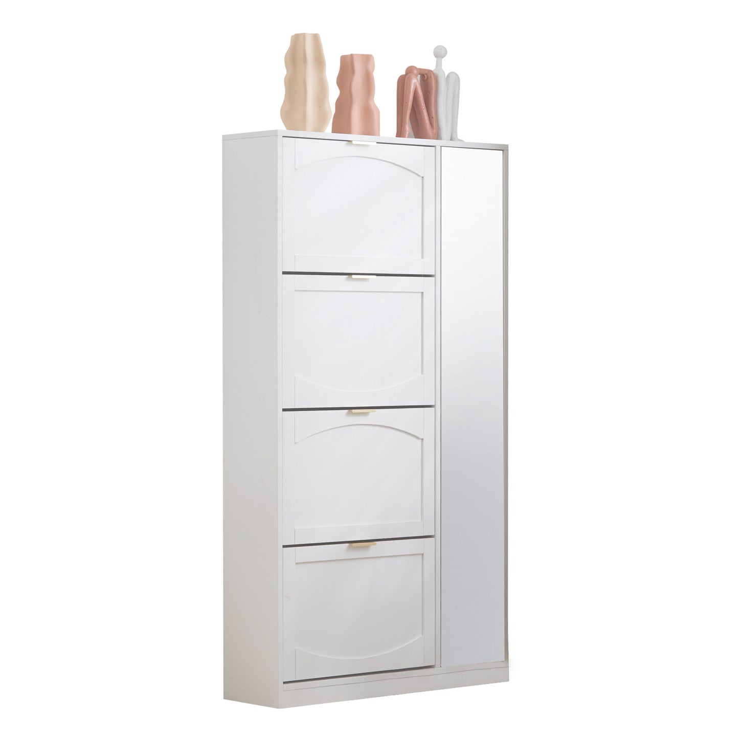 Modern White Shoe Cabinet with Mirror and Foldable Storage - Ideal for Hallway