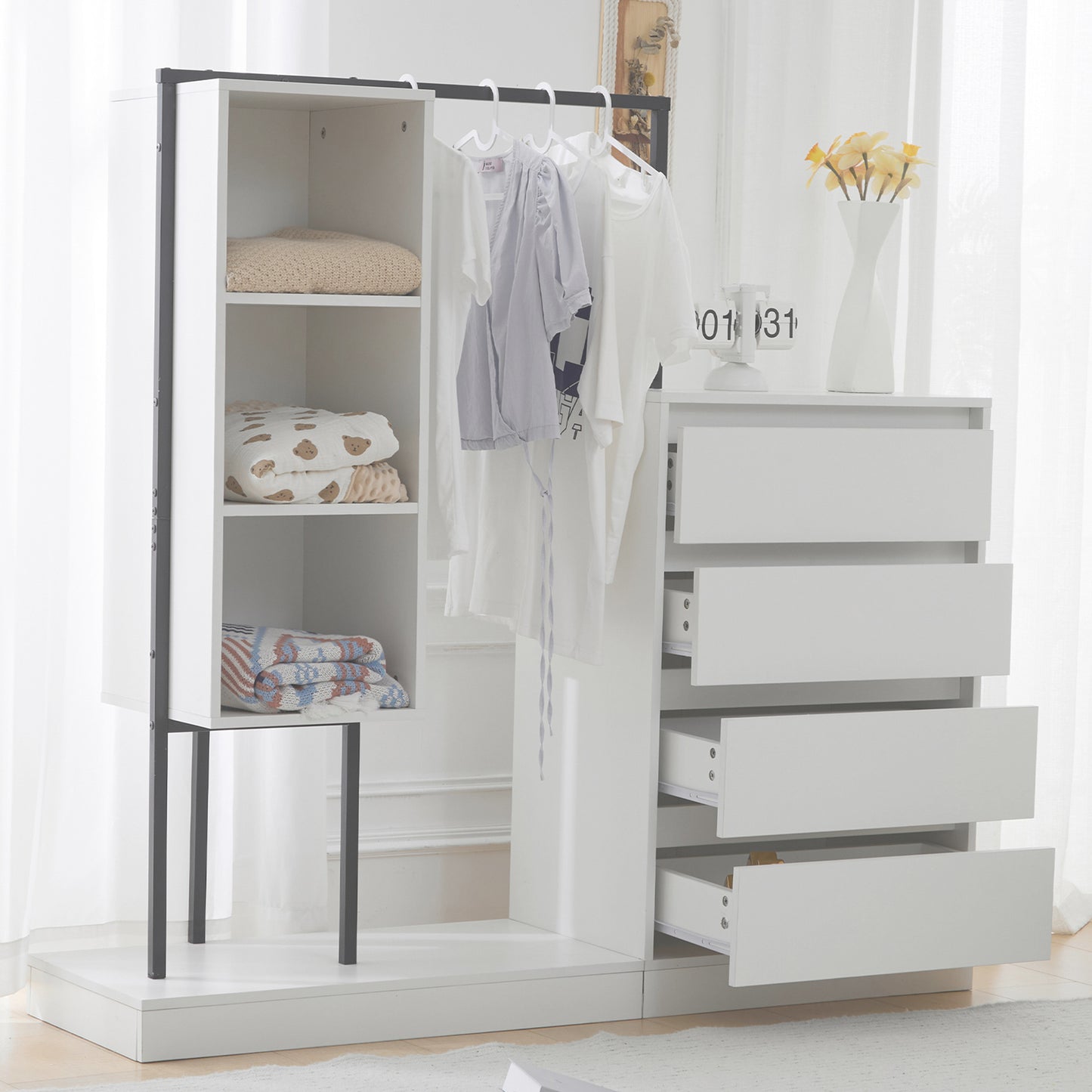 White Drawer Cabinet- Wardrobe Set - Modern Storage Solutions with Clothes Rail, W140/W40/H135 cm