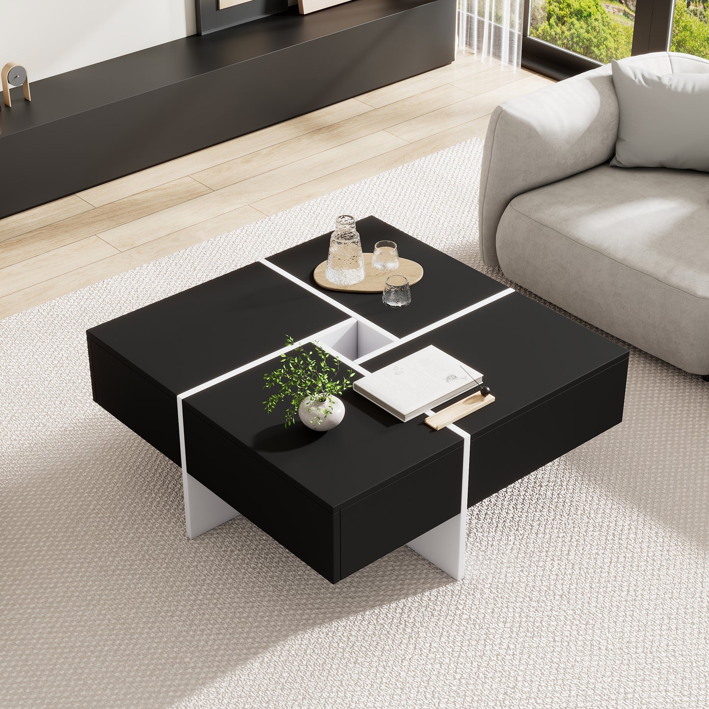 70cm Black and White Square Coffee Table with Central Storage