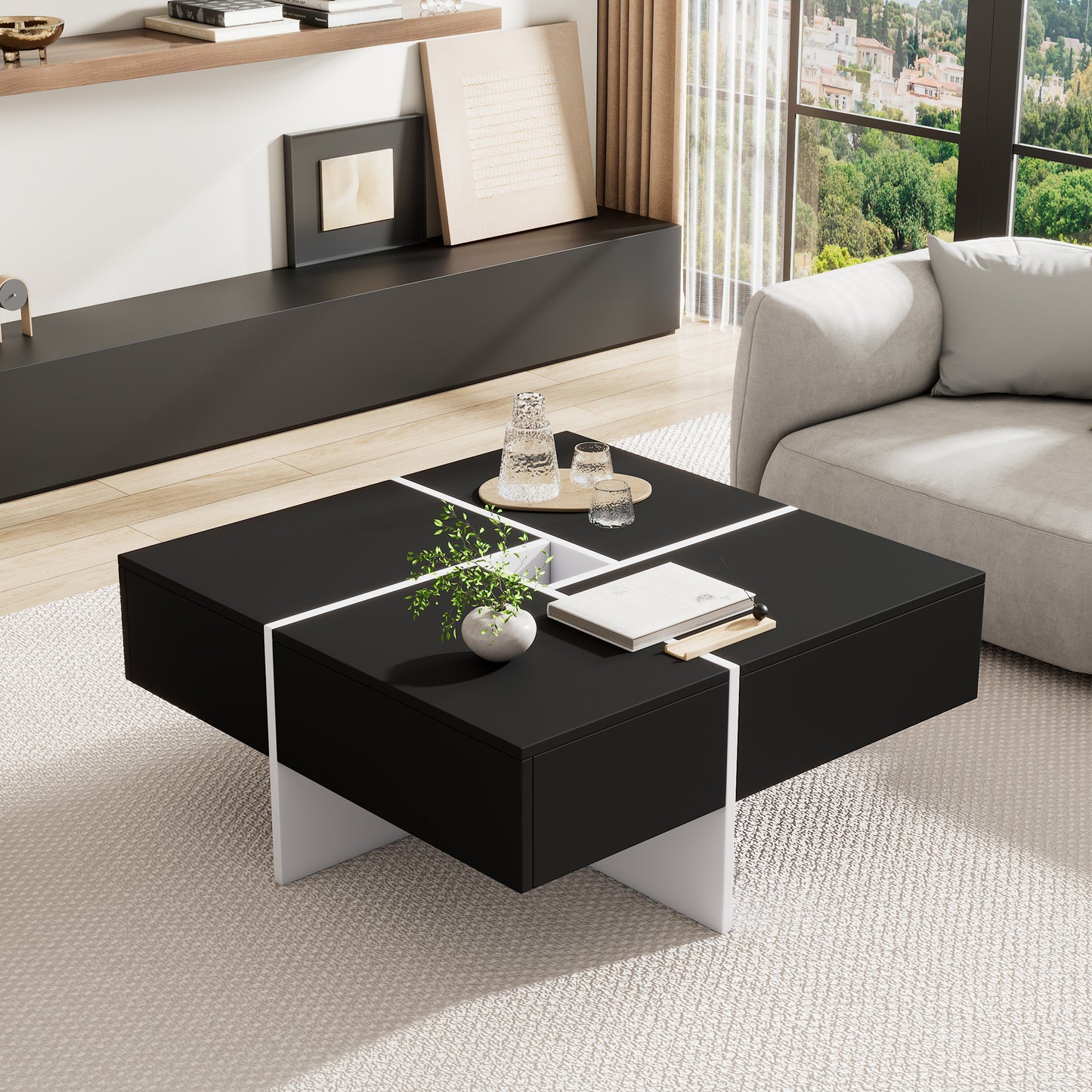 70cm Black and White Square Coffee Table with Central Storage