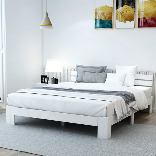 (Z)Solid Wood Double Bed 140x200cm White Pine Bed Frame with Headboard and Slatted Base