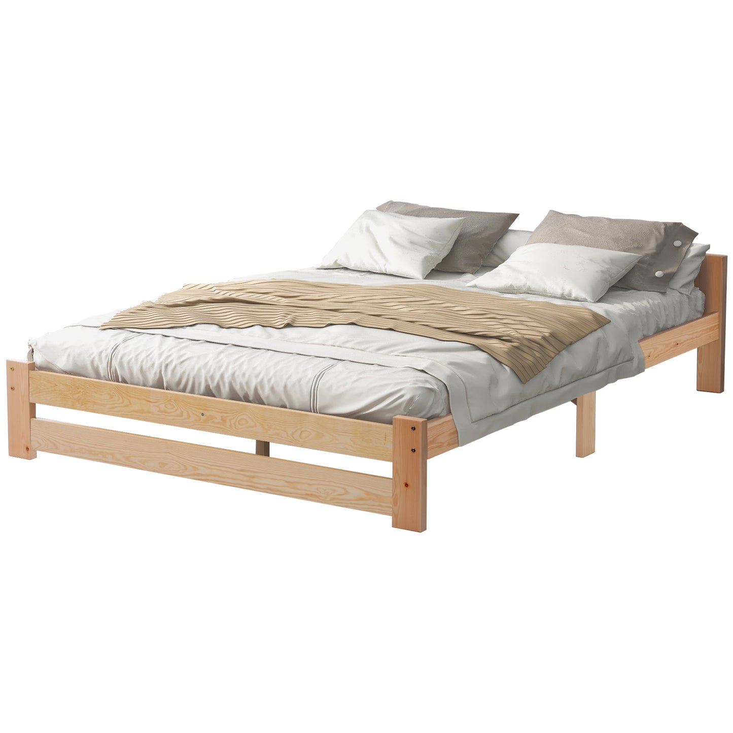 Natural Solid Wood Futon Bed with Headboard and Slatted Frame - 200x140cm