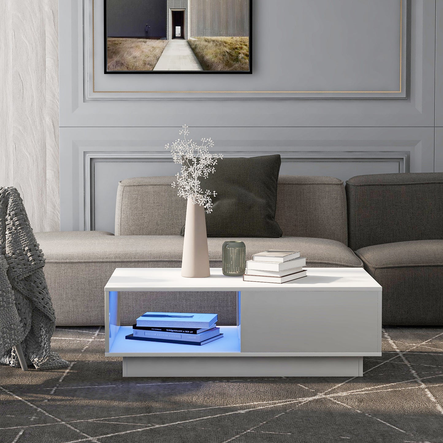 Modern High Gloss Rectangular LED Coffee Table with 15 Color Options - White Living Room