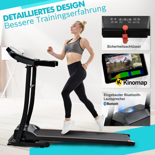 (Z)Foldable Treadmill For Home Running Exercise Equipment with Kinomap App USB Bluetooth and AUX Connectivity LED Display Black