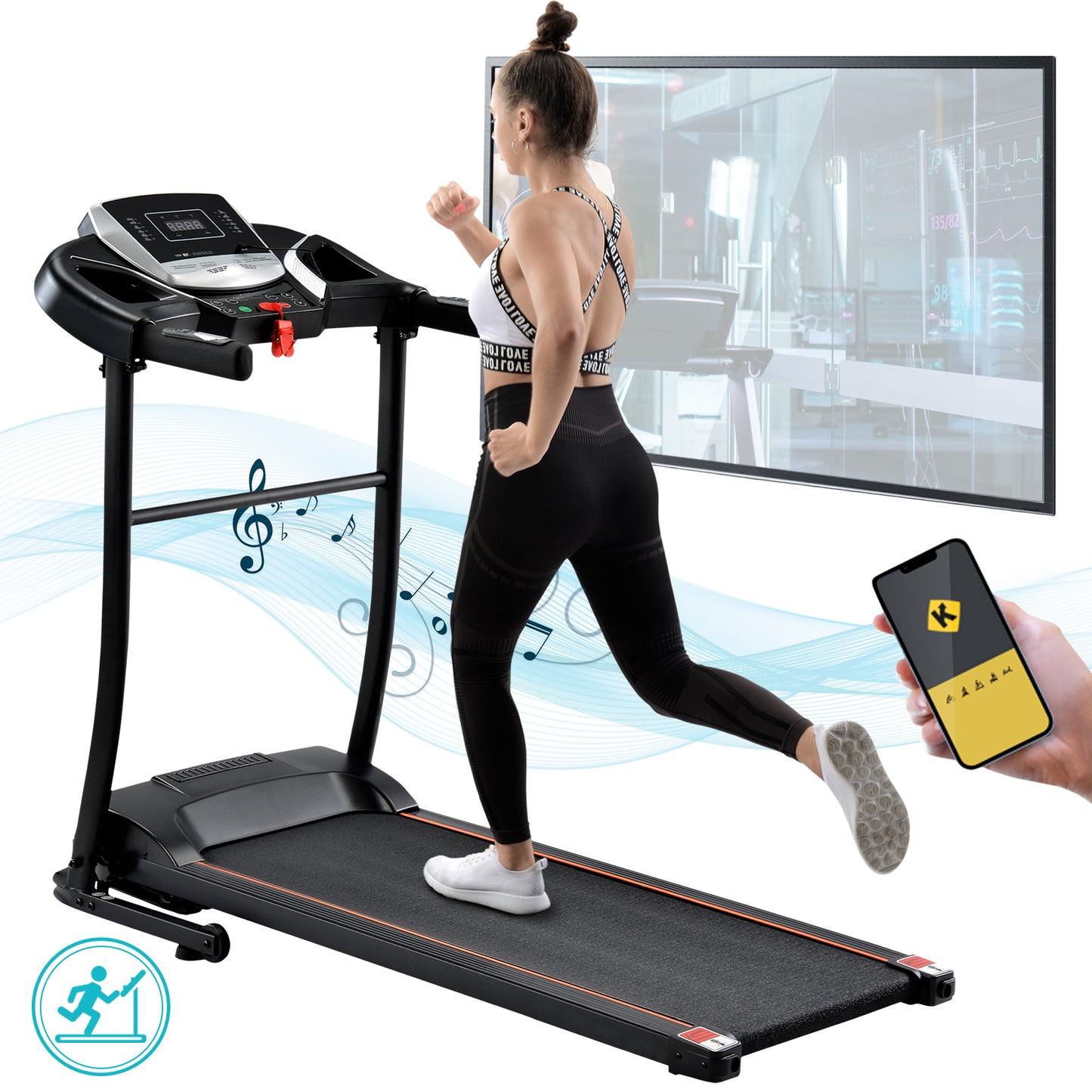 (Z)Foldable Treadmill For Home Running Exercise Equipment with Kinomap App USB Bluetooth and AUX Connectivity LED Display Black