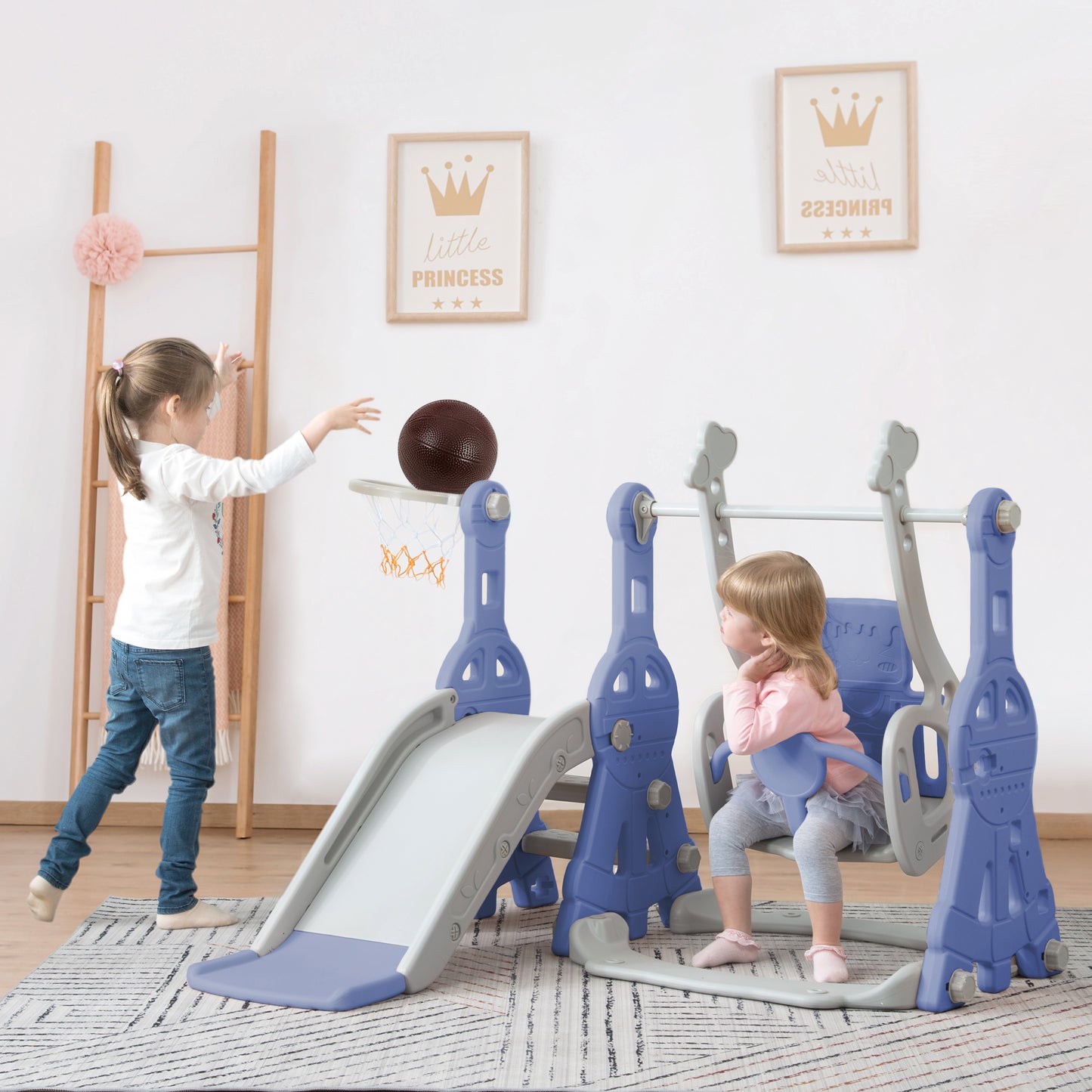 4-in-1 Kids' Slide Swing with Basketball Stand & Ladder
