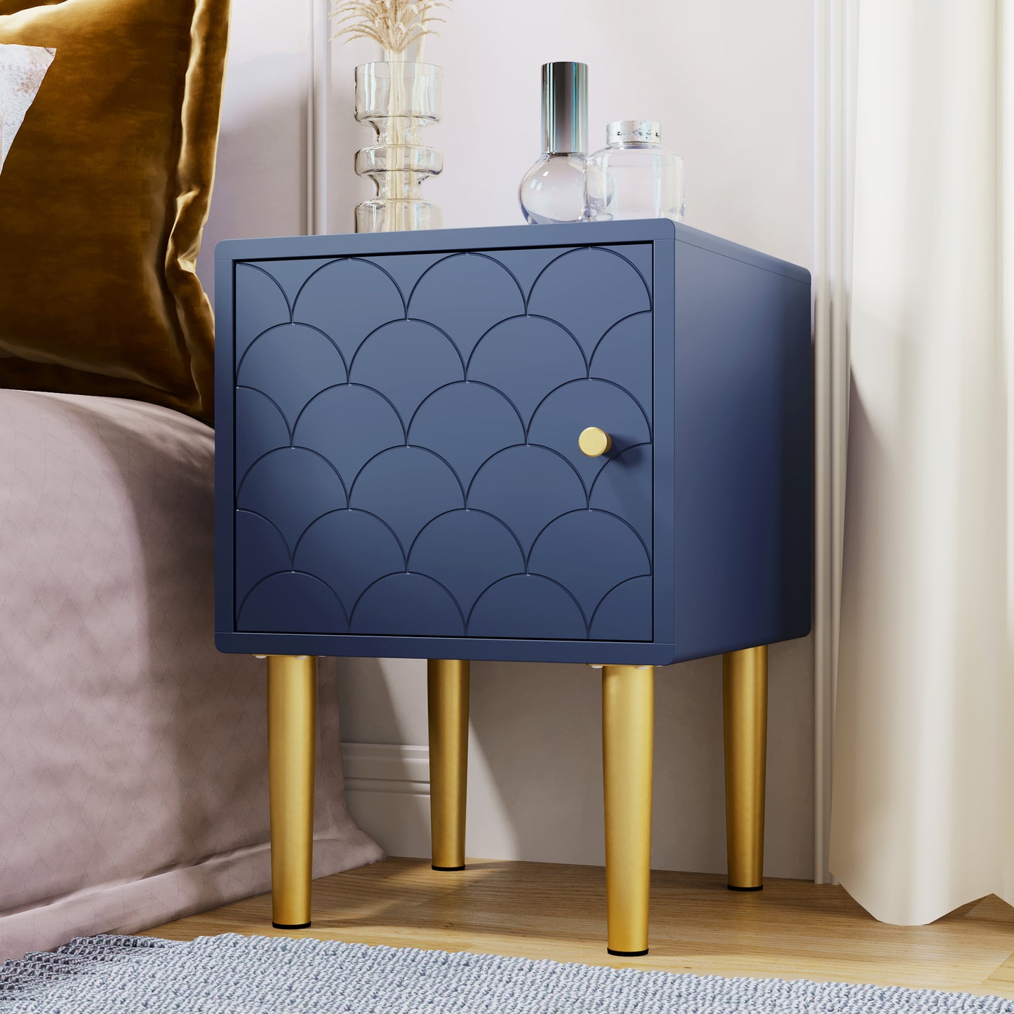 (Z)Premium Blue Scallop-Patterned Nightstand with Metal Legs - 1 Piece