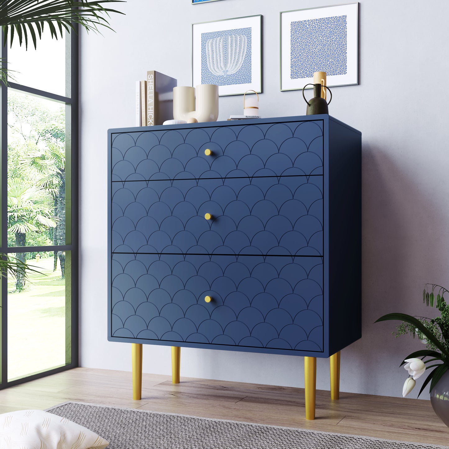 (Z)Sideboard with three drawers in navy blue, suitable for bedrooms and all living rooms