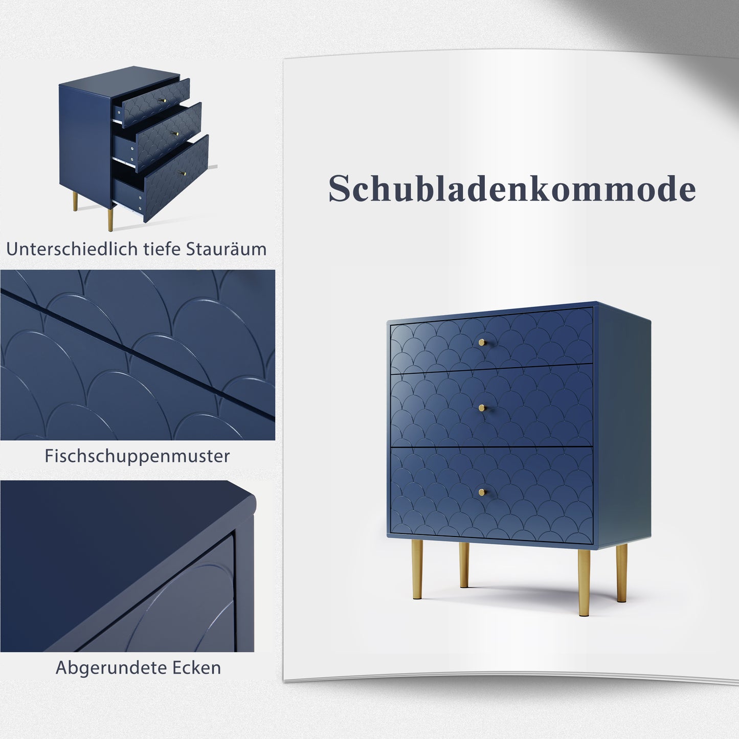 (Z)Sideboard with three drawers in navy blue, suitable for bedrooms and all living rooms