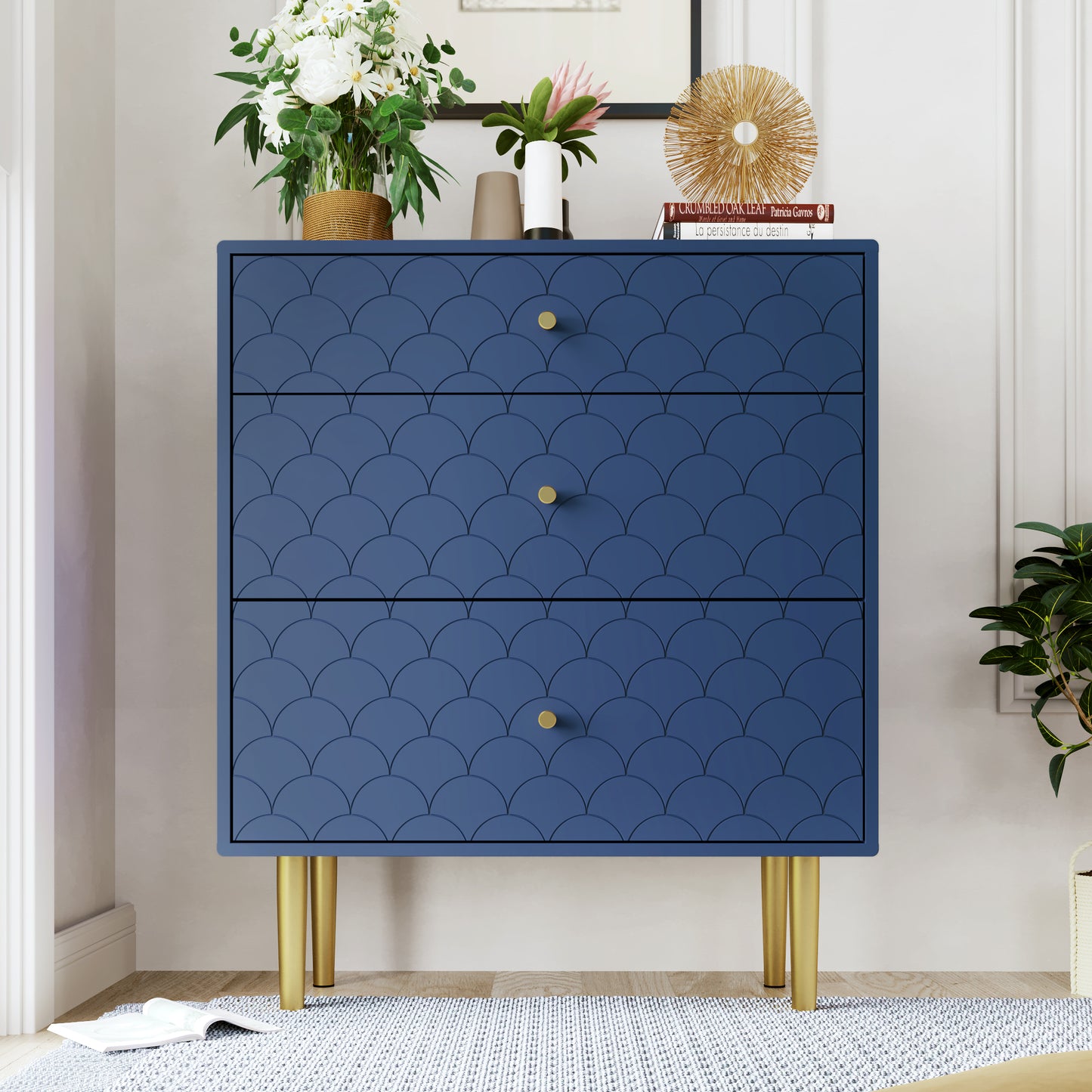 (Z)Sideboard with three drawers in navy blue, suitable for bedrooms and all living rooms