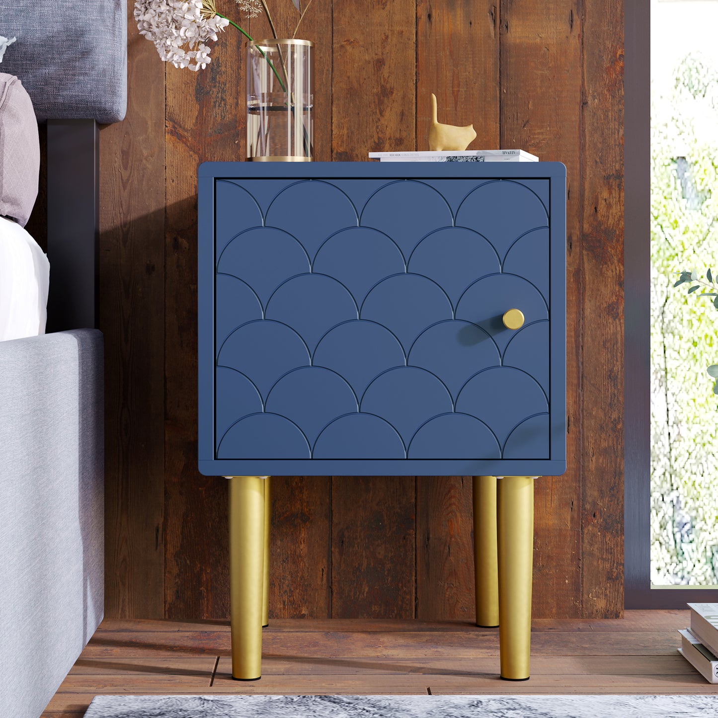 (Z)Premium Blue Scallop-Patterned Nightstand with Metal Legs - 1 Piece