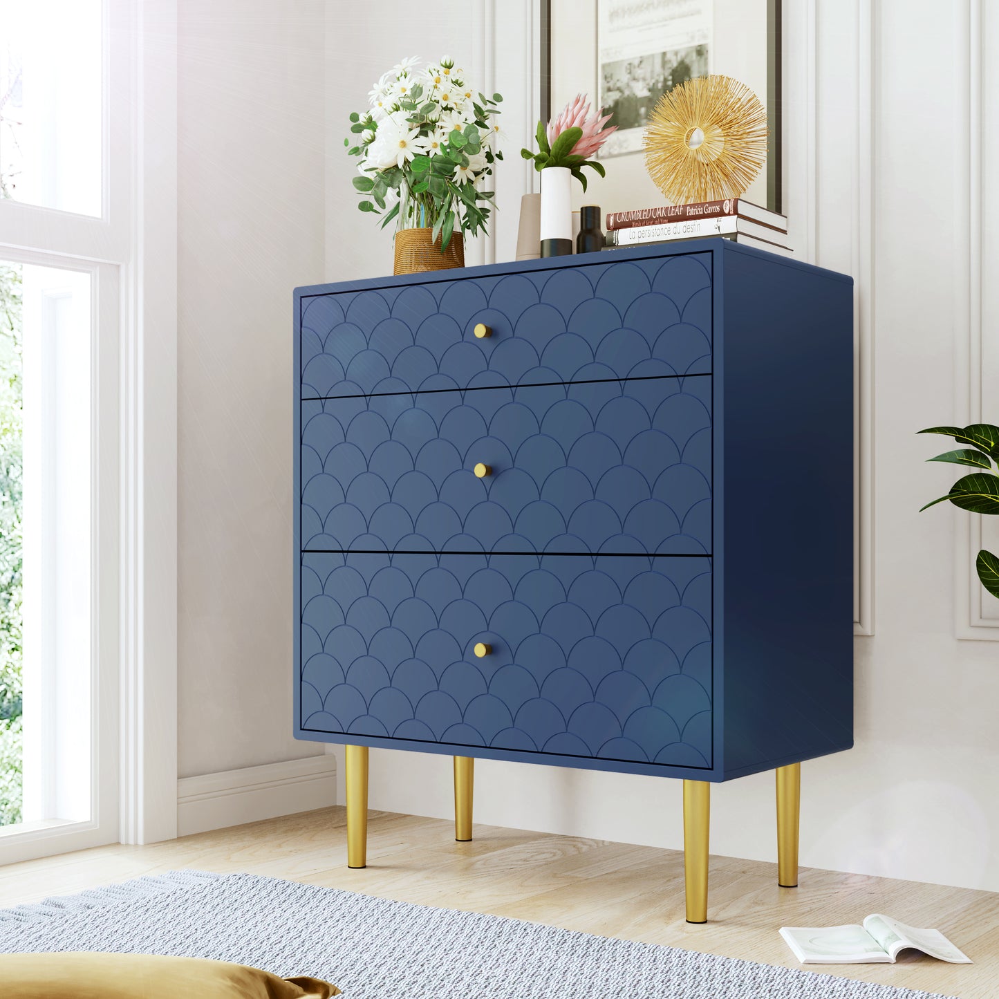 (Z)Sideboard with three drawers in navy blue, suitable for bedrooms and all living rooms