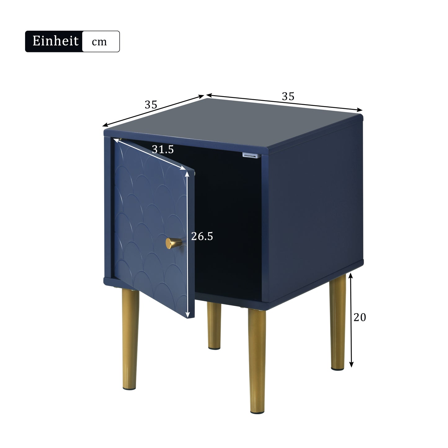 (Z)Premium Blue Scallop-Patterned Nightstand with Metal Legs - 1 Piece