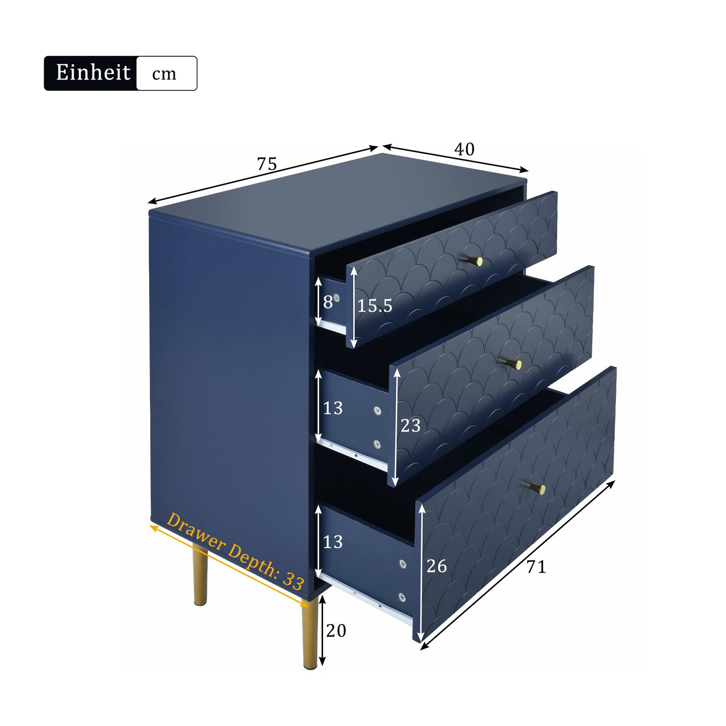 (Z)Sideboard with three drawers in navy blue, suitable for bedrooms and all living rooms