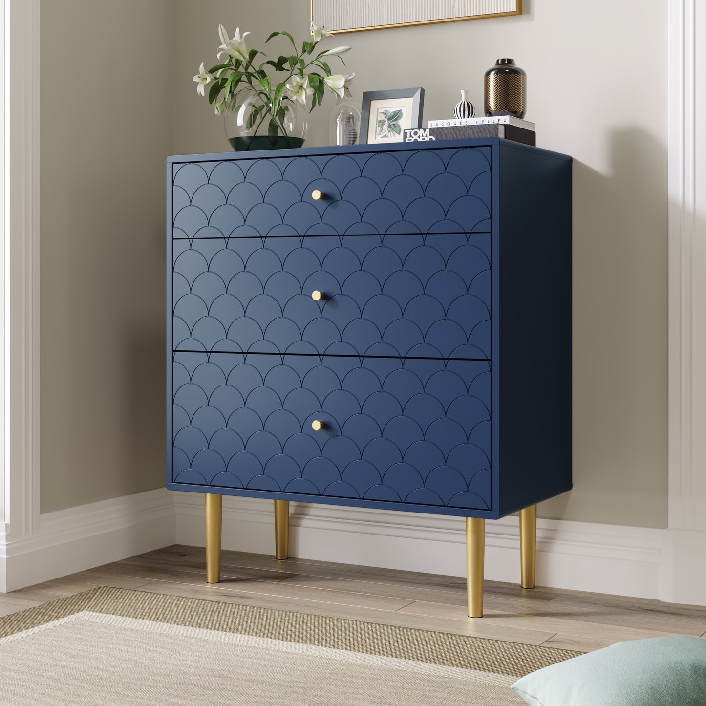 (Z)Sideboard with three drawers in navy blue, suitable for bedrooms and all living rooms