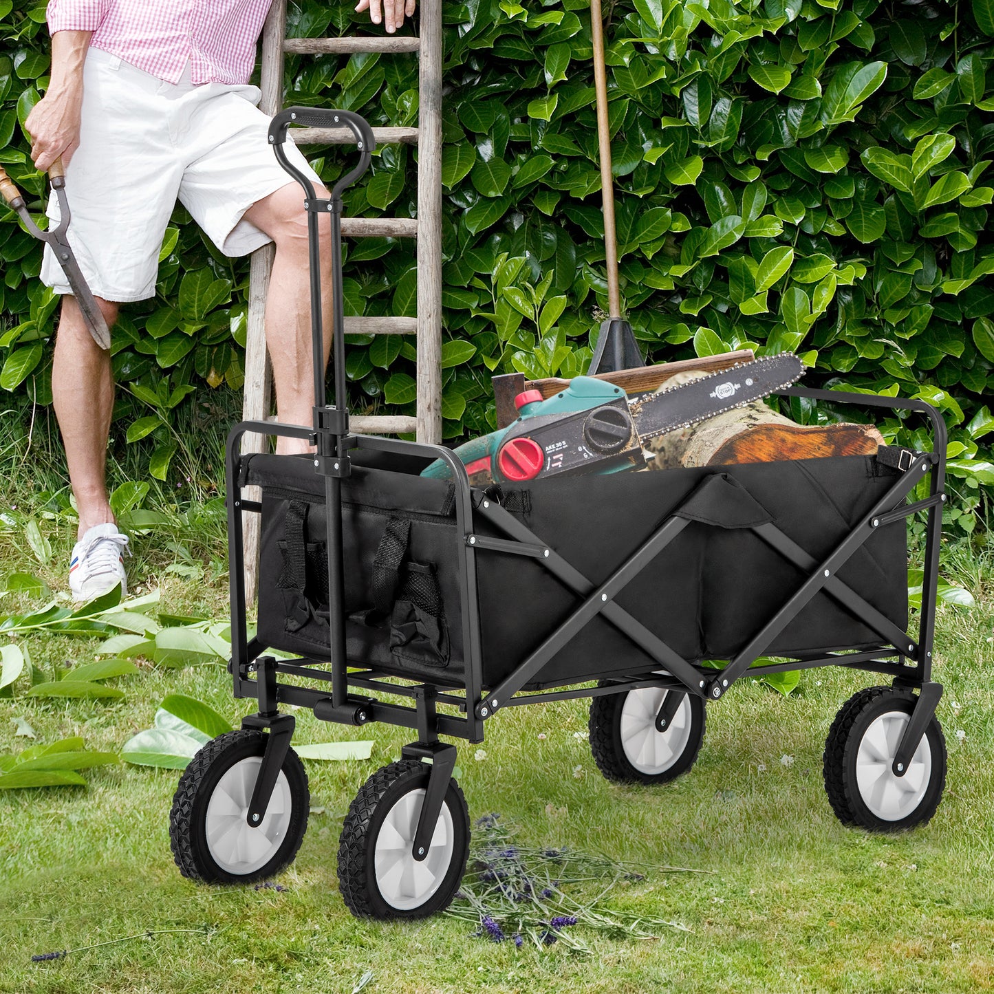 Collapsible Station Wagon with 360° Front Wheel & Mesh Cup Holder