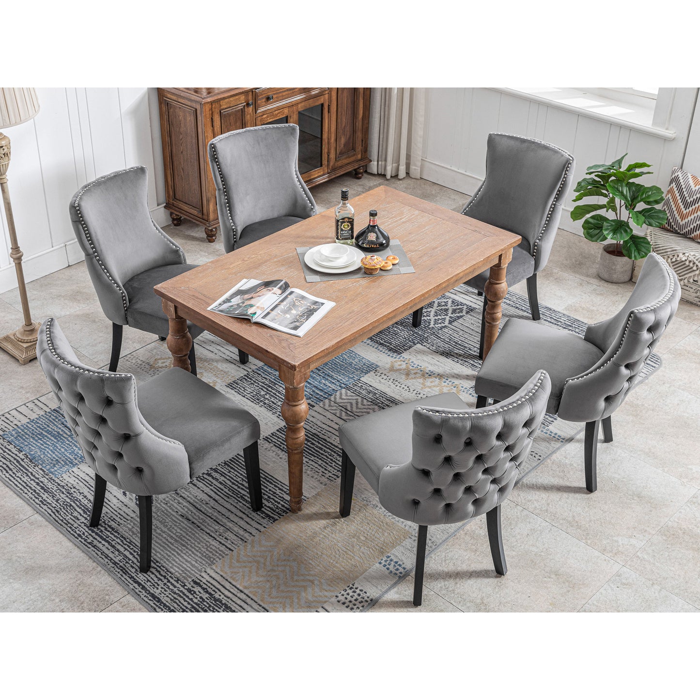 6-Piece Gray Velvet Dining Chair Set with Button Quilting and Solid Wood Frame