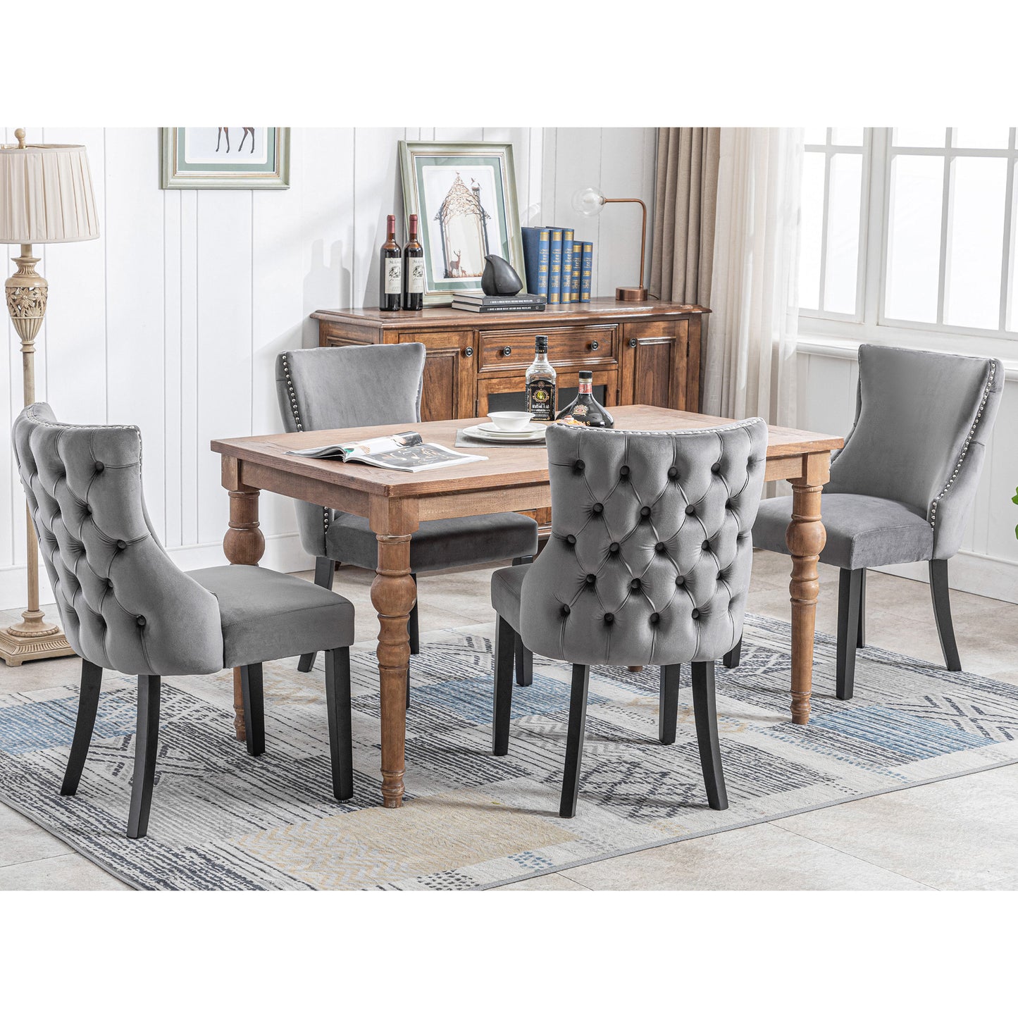 4-Piece Gray Velvet Dining Chair Set with Button Quilting and Solid Wood Frame