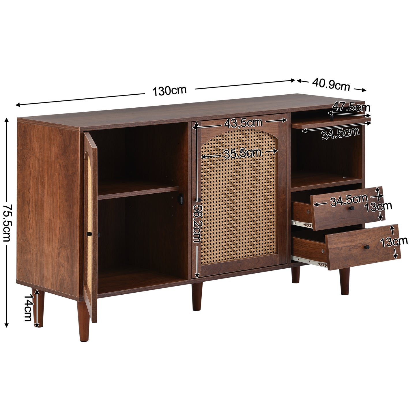 Wide Rattan Insert Sideboard with Three Doors and Two Irregular Drawers