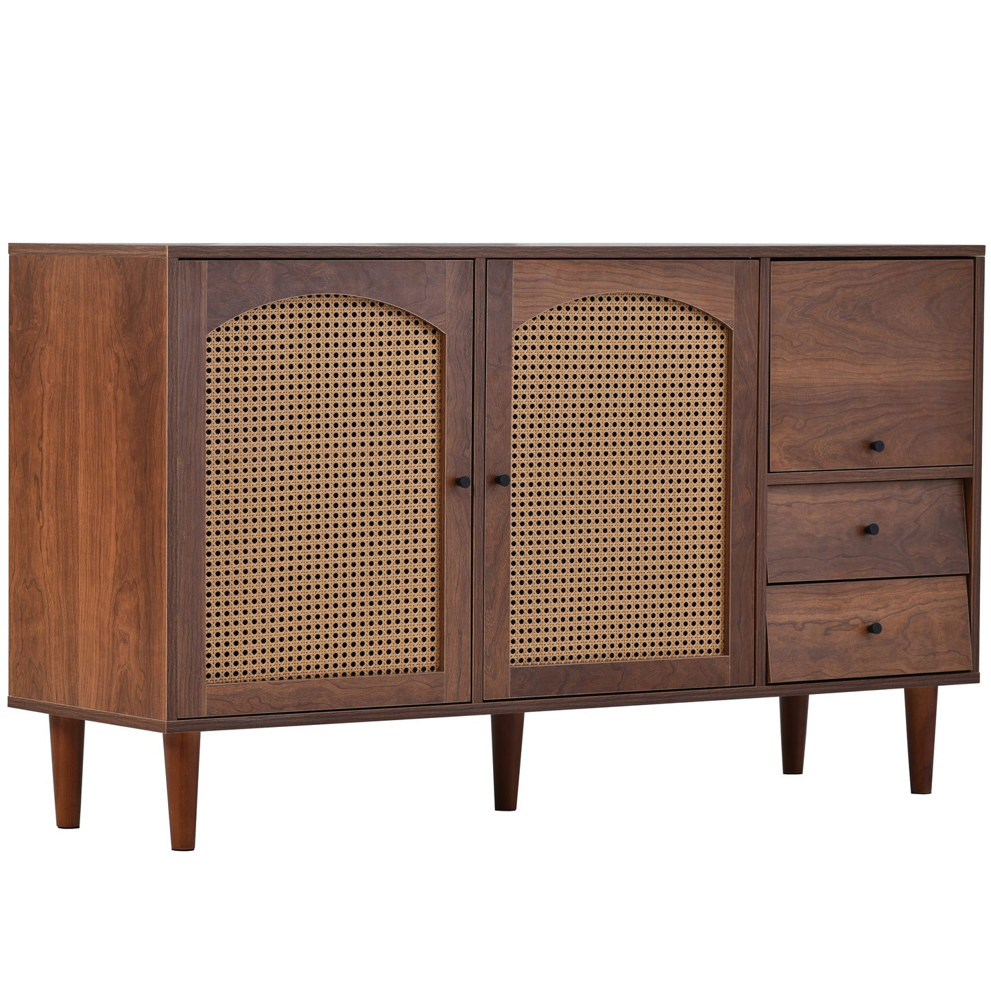 Wide Rattan Insert Sideboard with Three Doors and Two Irregular Drawers