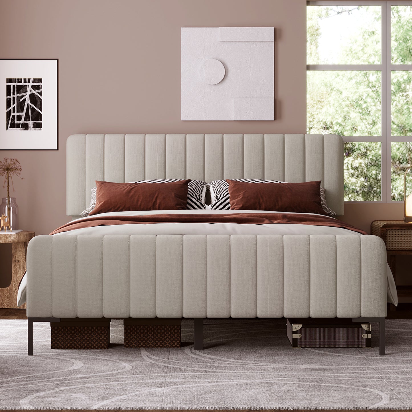 (Z) Gray Beige Linen Double Bed Frame with Adjustable Headboard and Slatted Base