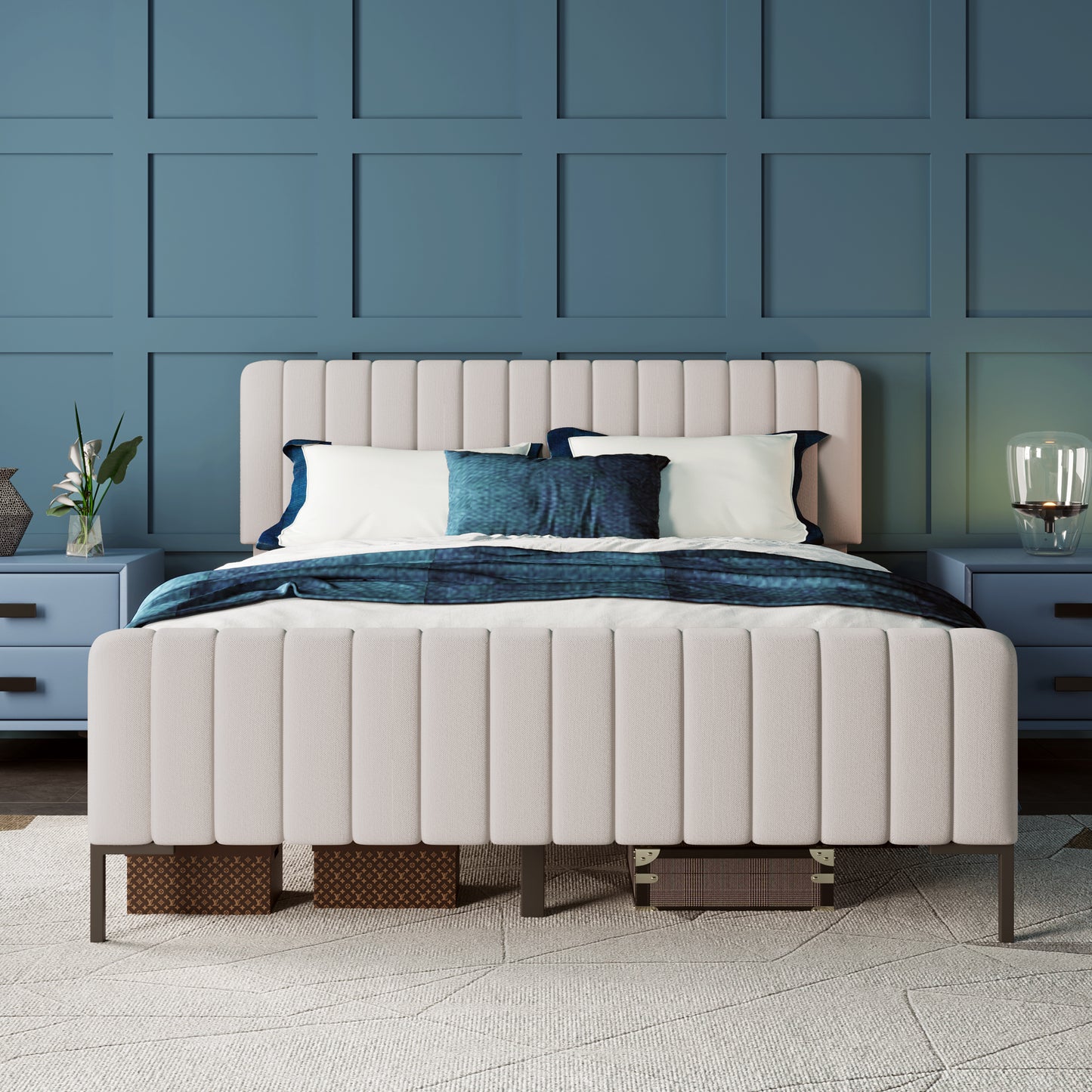 (Z) Gray Beige Linen Double Bed Frame with Adjustable Headboard and Slatted Base