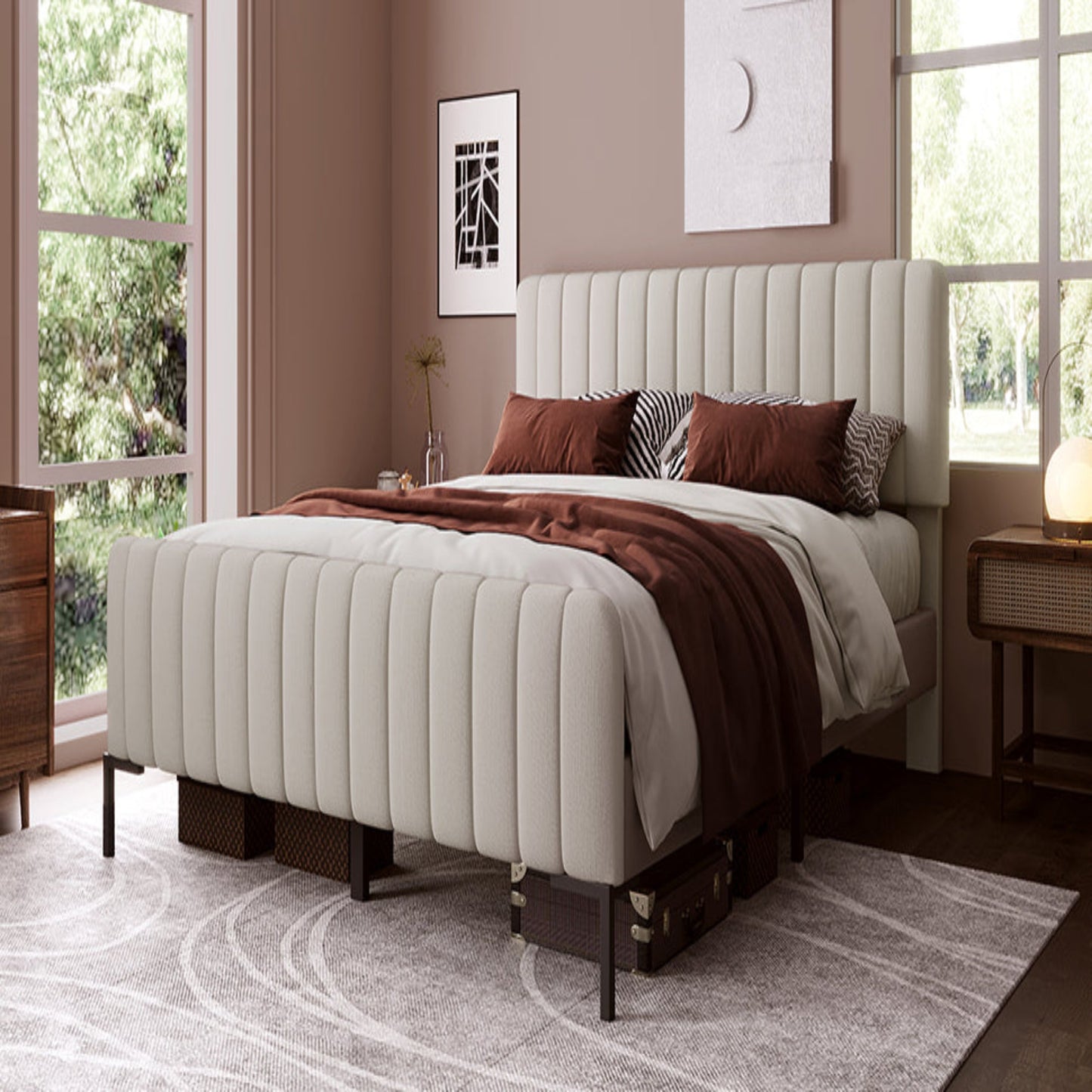 (Z) Gray Beige Linen Double Bed Frame with Adjustable Headboard and Slatted Base