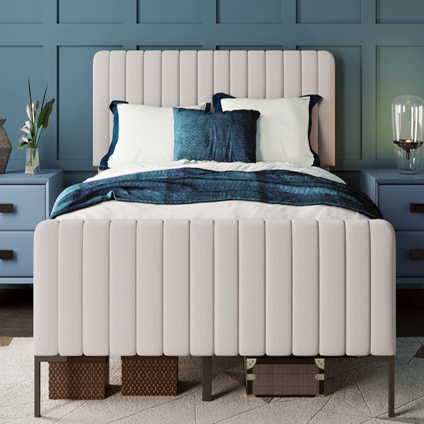 (Z) Gray Beige Linen Double Bed Frame with Adjustable Headboard and Slatted Base