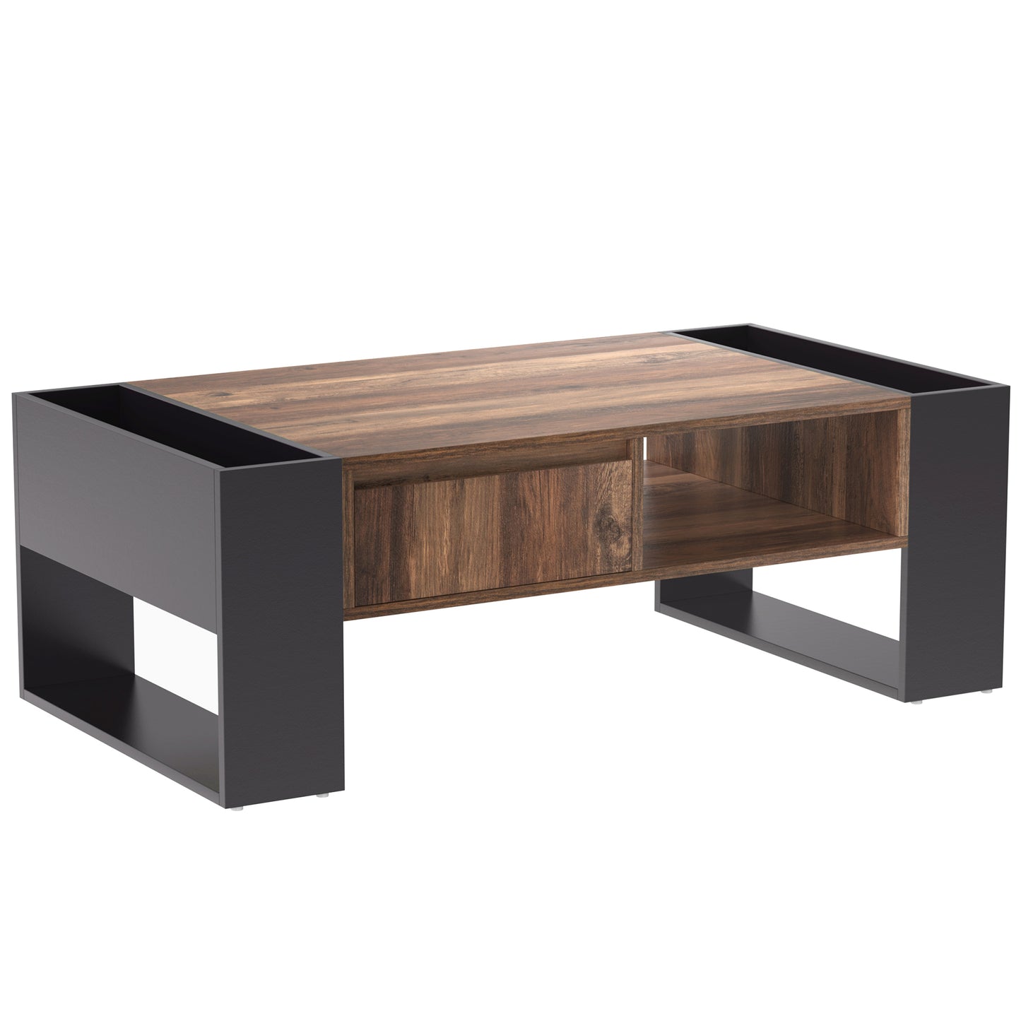 Anthracite Wood Grain Coffee Table-Dual-Sided Storage with Drawer and Compartments