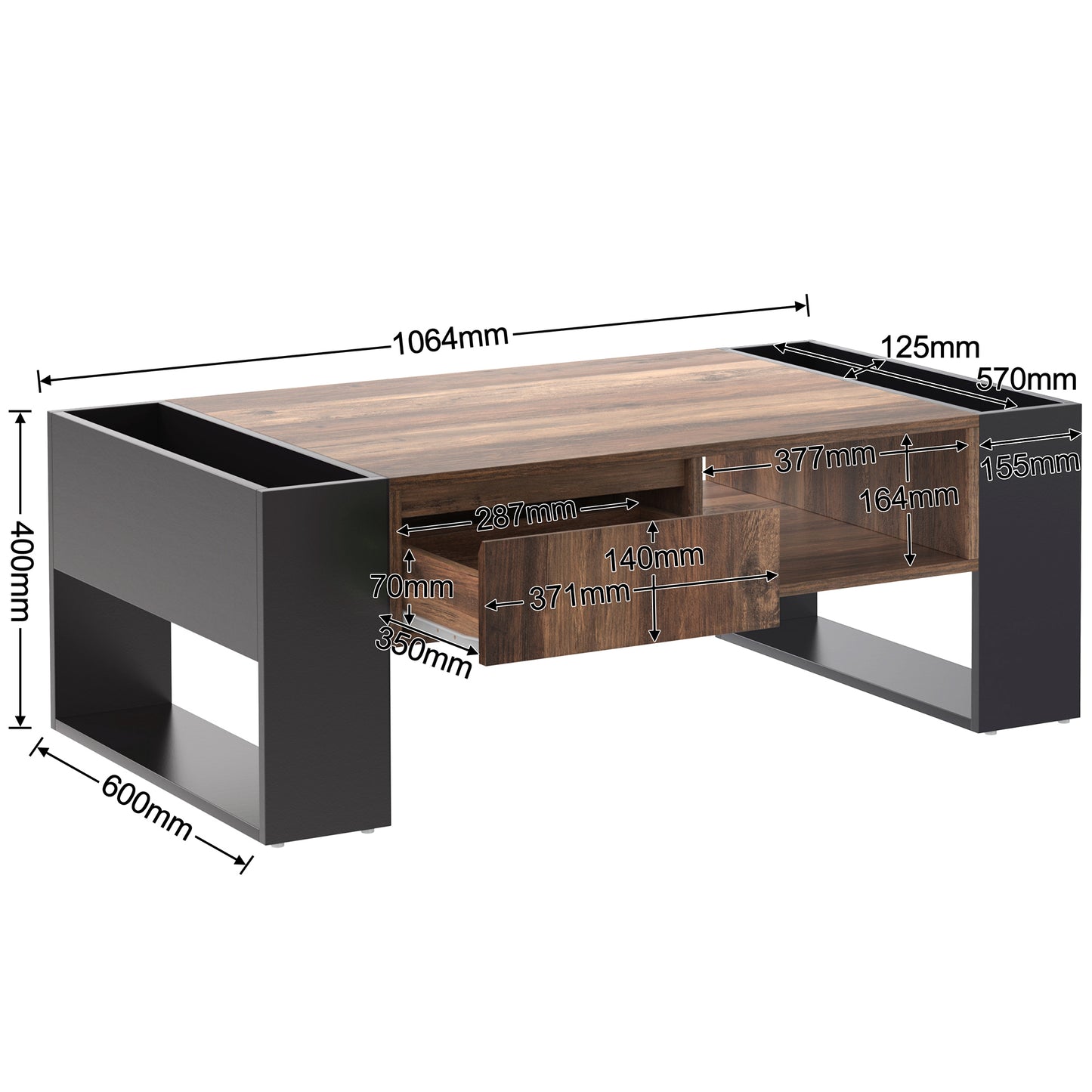 Anthracite Wood Grain Coffee Table-Dual-Sided Storage with Drawer and Compartments