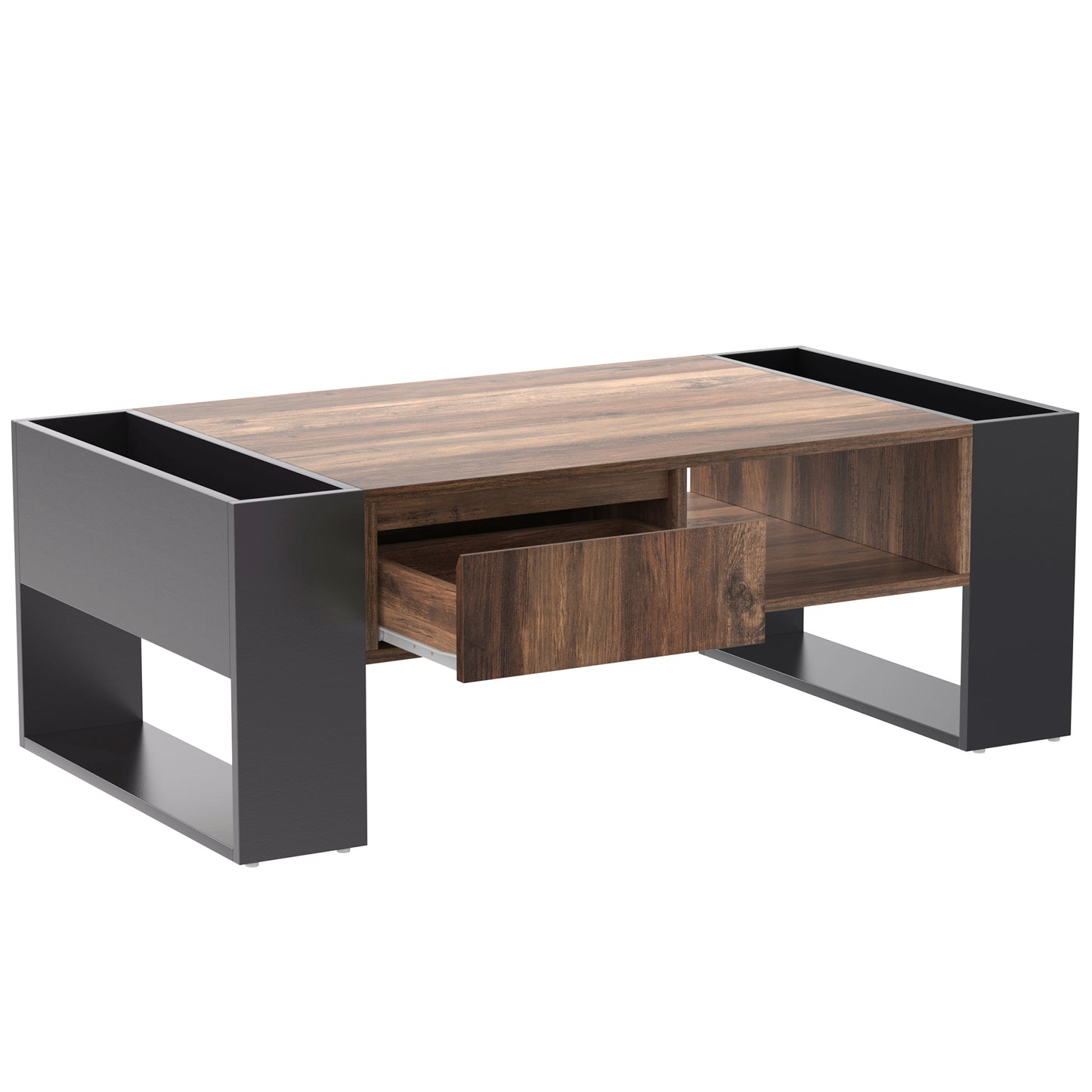 Anthracite Wood Grain Coffee Table-Dual-Sided Storage with Drawer and Compartments