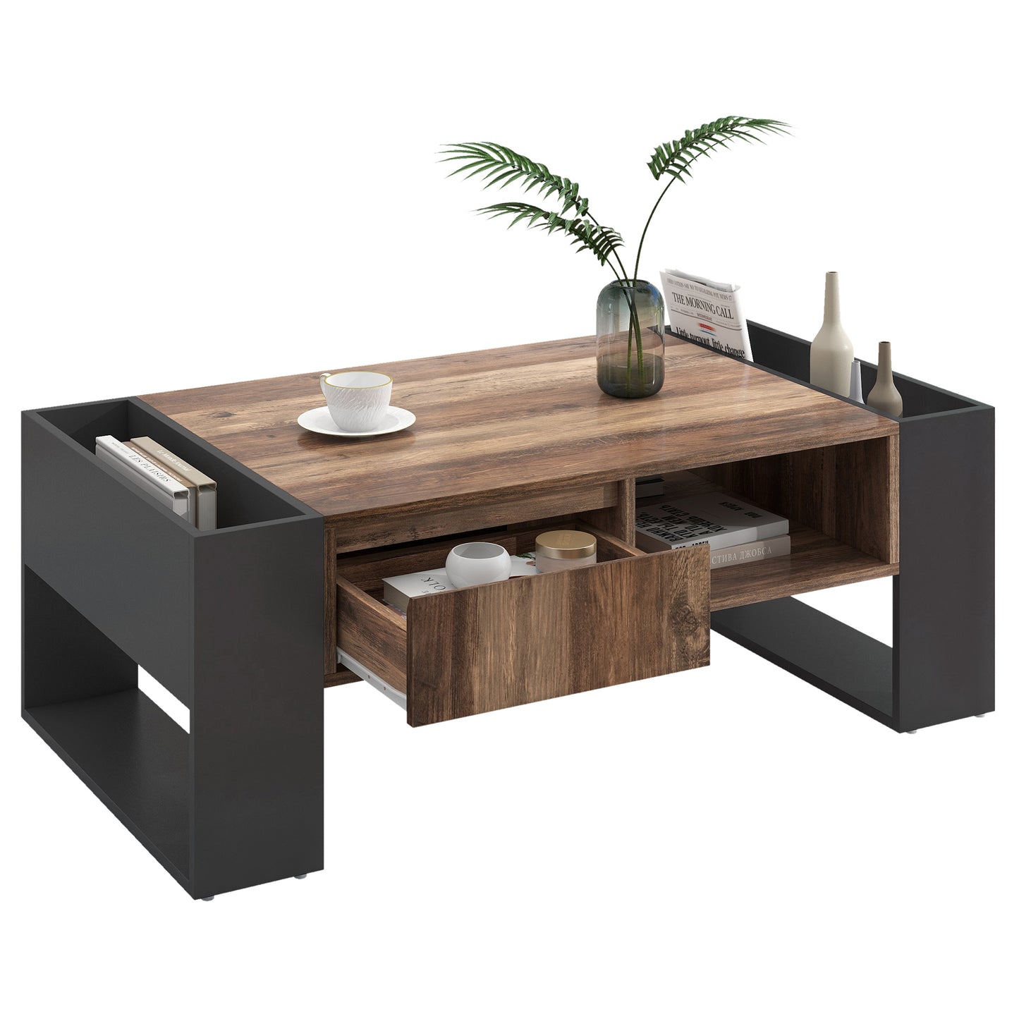 Anthracite Wood Grain Coffee Table-Dual-Sided Storage with Drawer and Compartments