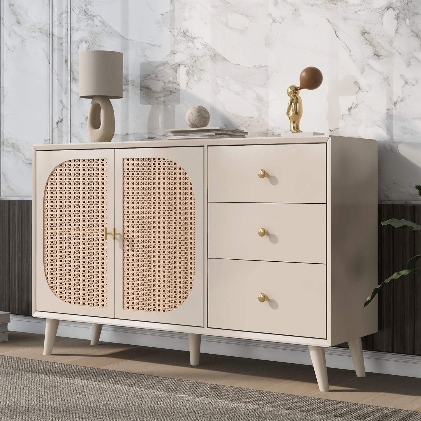 Off-White Cream Sideboard with Doors & Drawers - Large Storage for Living & Dining Rooms