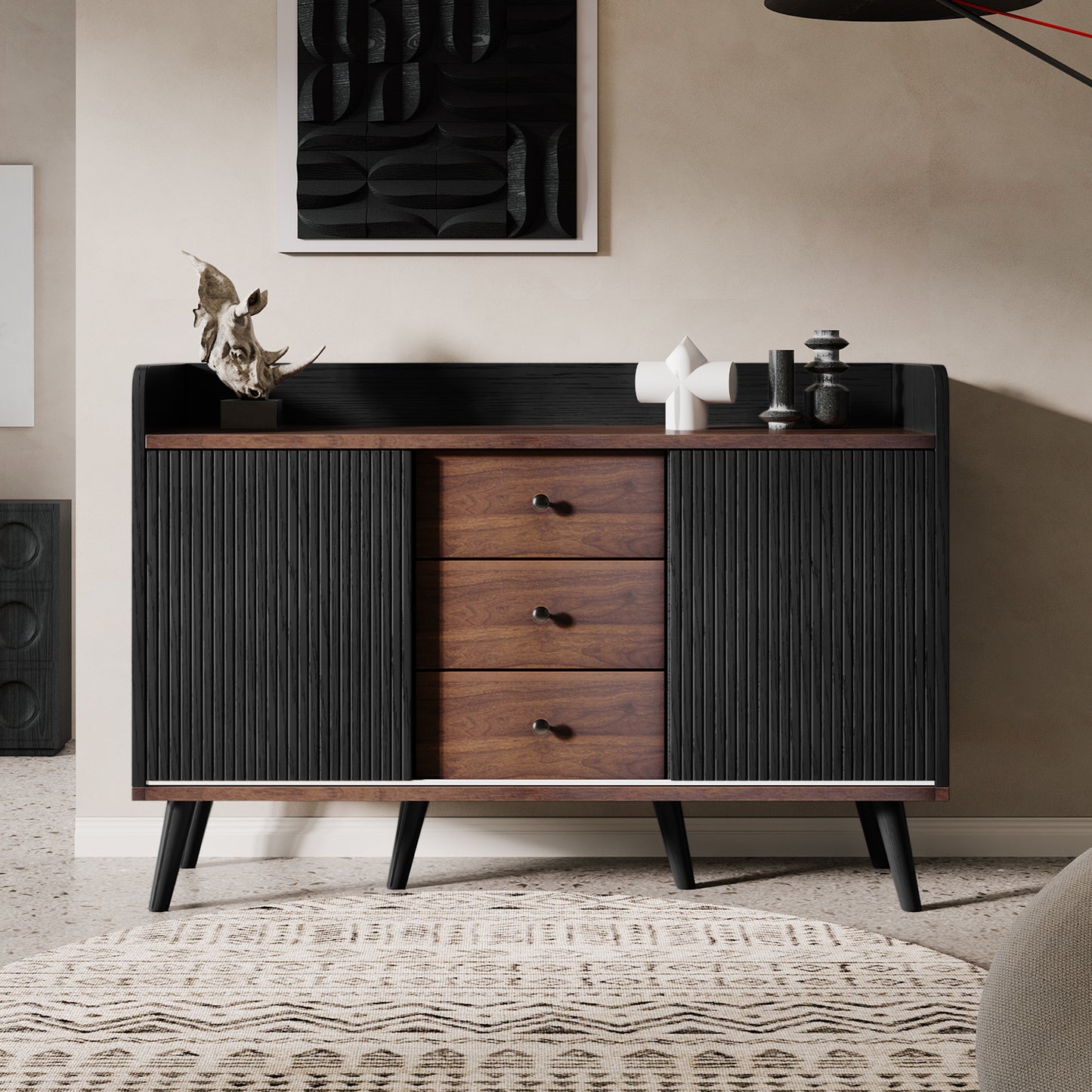 Modern Wood-Color Sideboard with Three Drawers and Storage Shelves