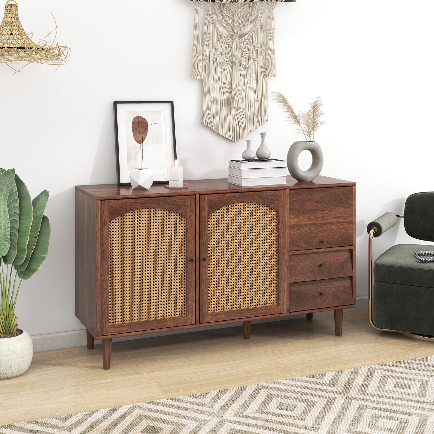 Wide Rattan Insert Sideboard with Three Doors and Two Irregular Drawers