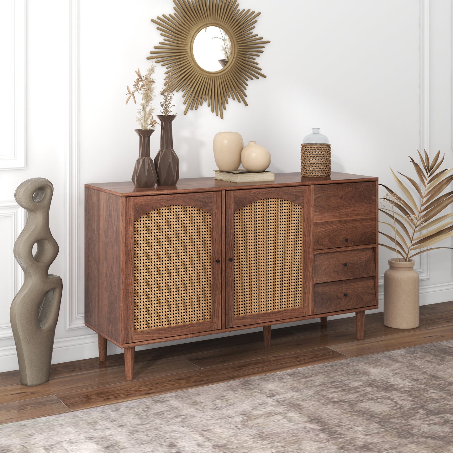 Wide Rattan Insert Sideboard with Three Doors and Two Irregular Drawers