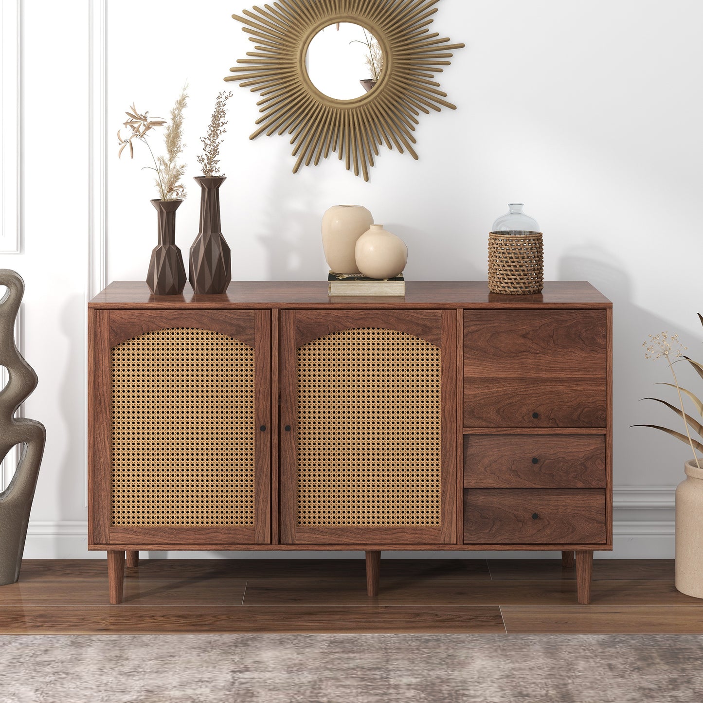 Wide Rattan Insert Sideboard with Three Doors and Two Irregular Drawers