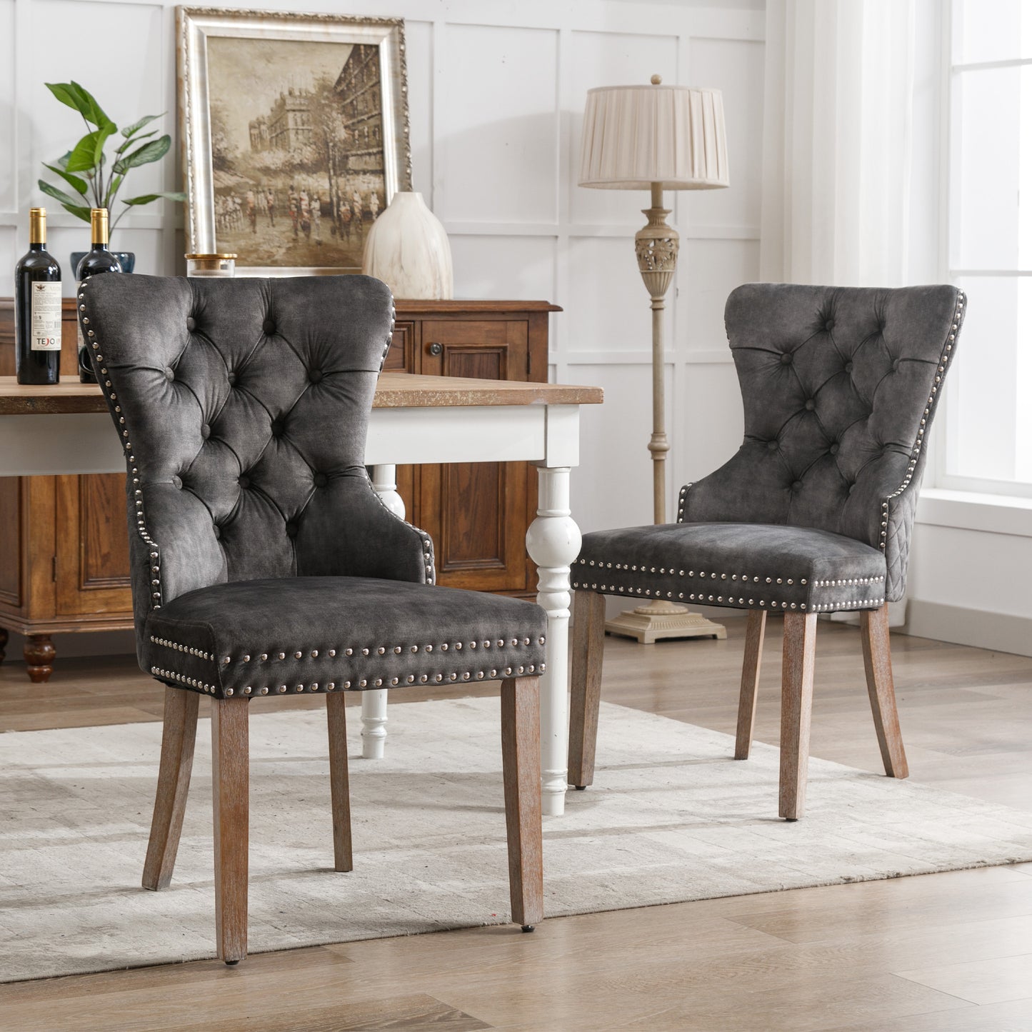 Grey Velvet Dining Chairs with Nailhead Trim-Solid Wood Legs, Set of 2