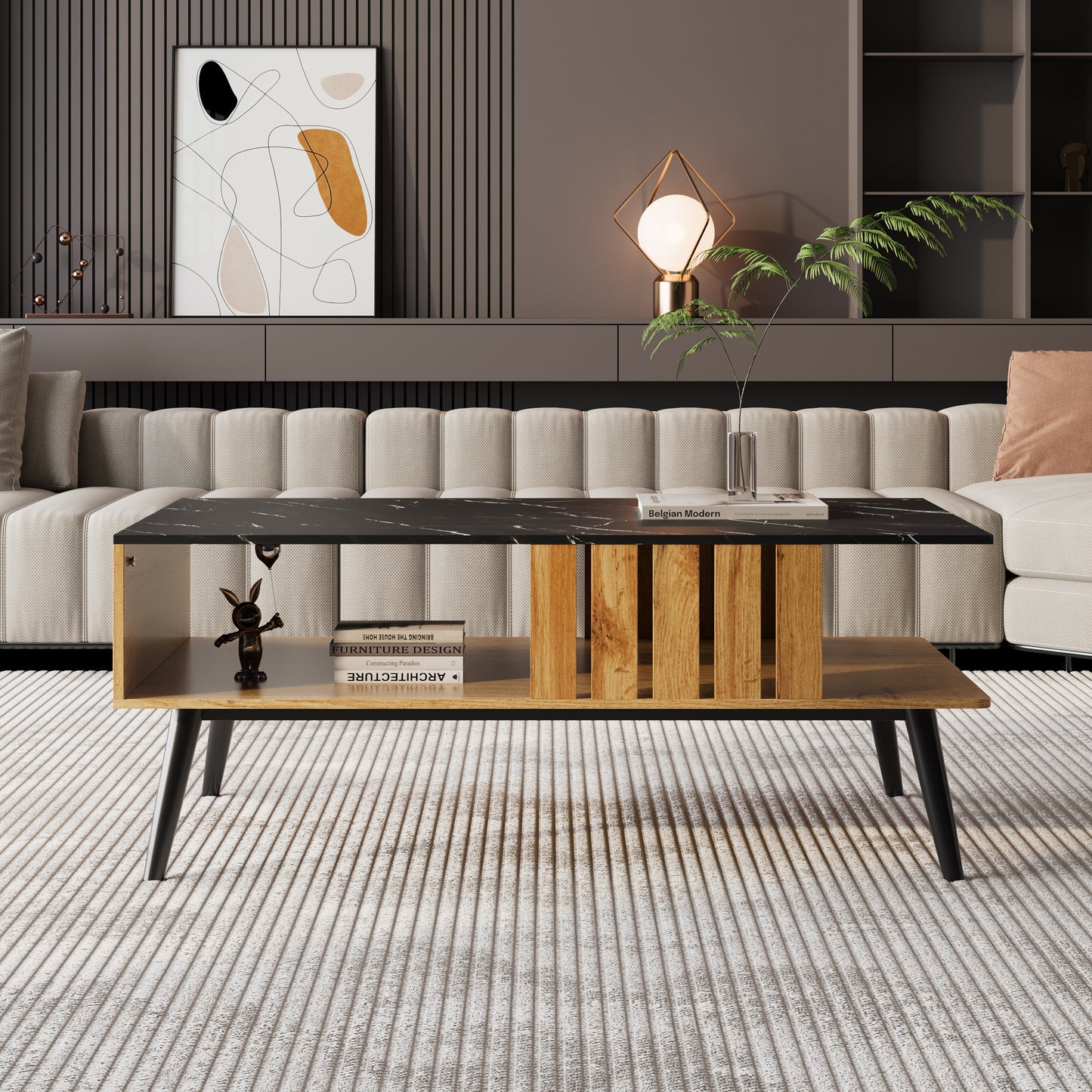 (Z)Black wood colour patchwork modern coffee table Coffee table Scandinavian light luxury PVC Edge design Wooden furniture table Easy to maintain Size 90*54*40cm