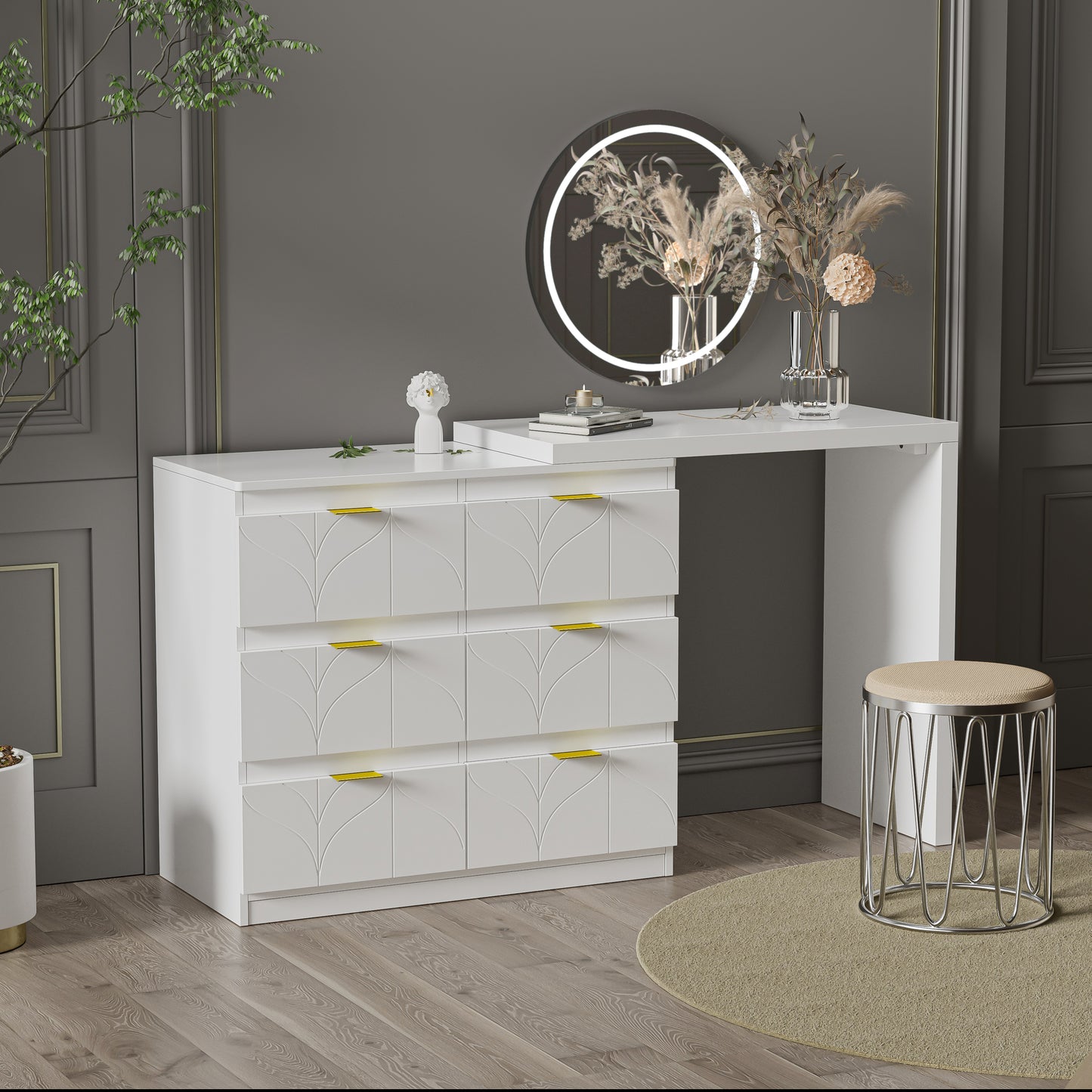 Elegant White Dressing Office Table with Gold Accents