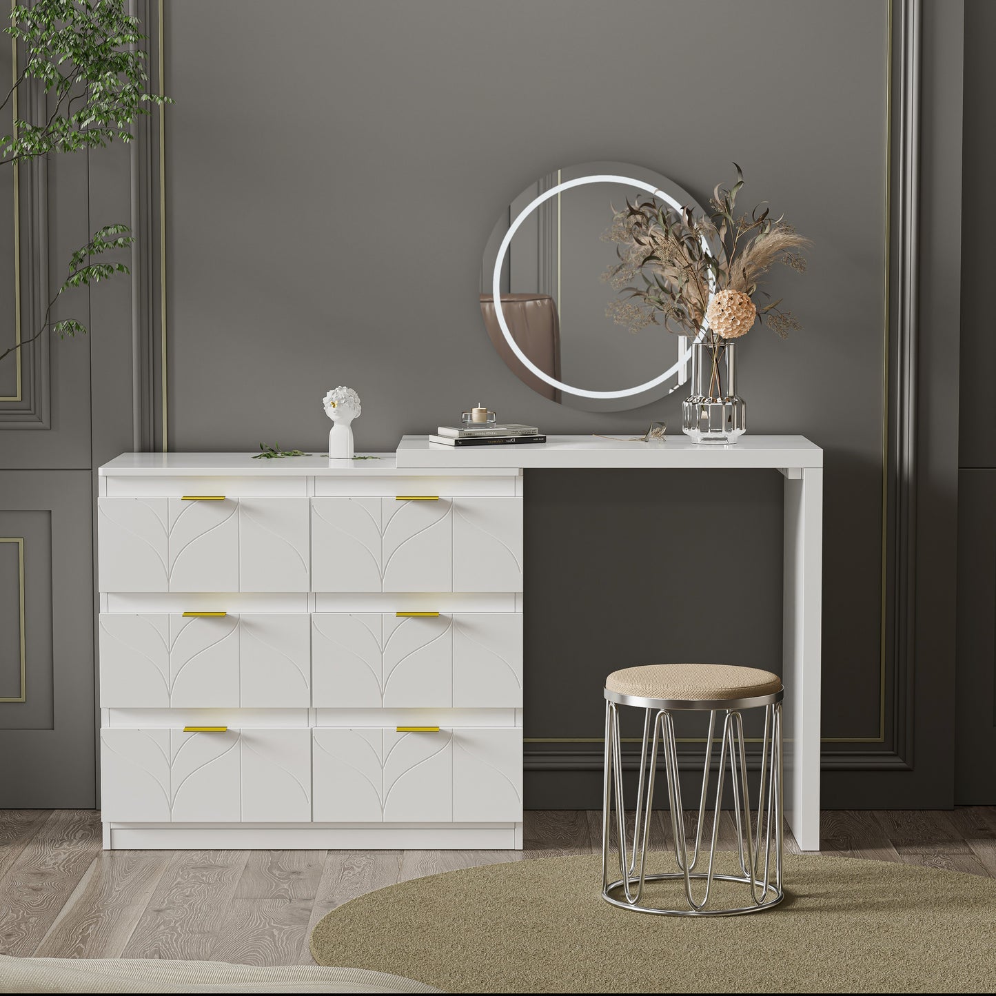 Elegant White Dressing Office Table with Gold Accents