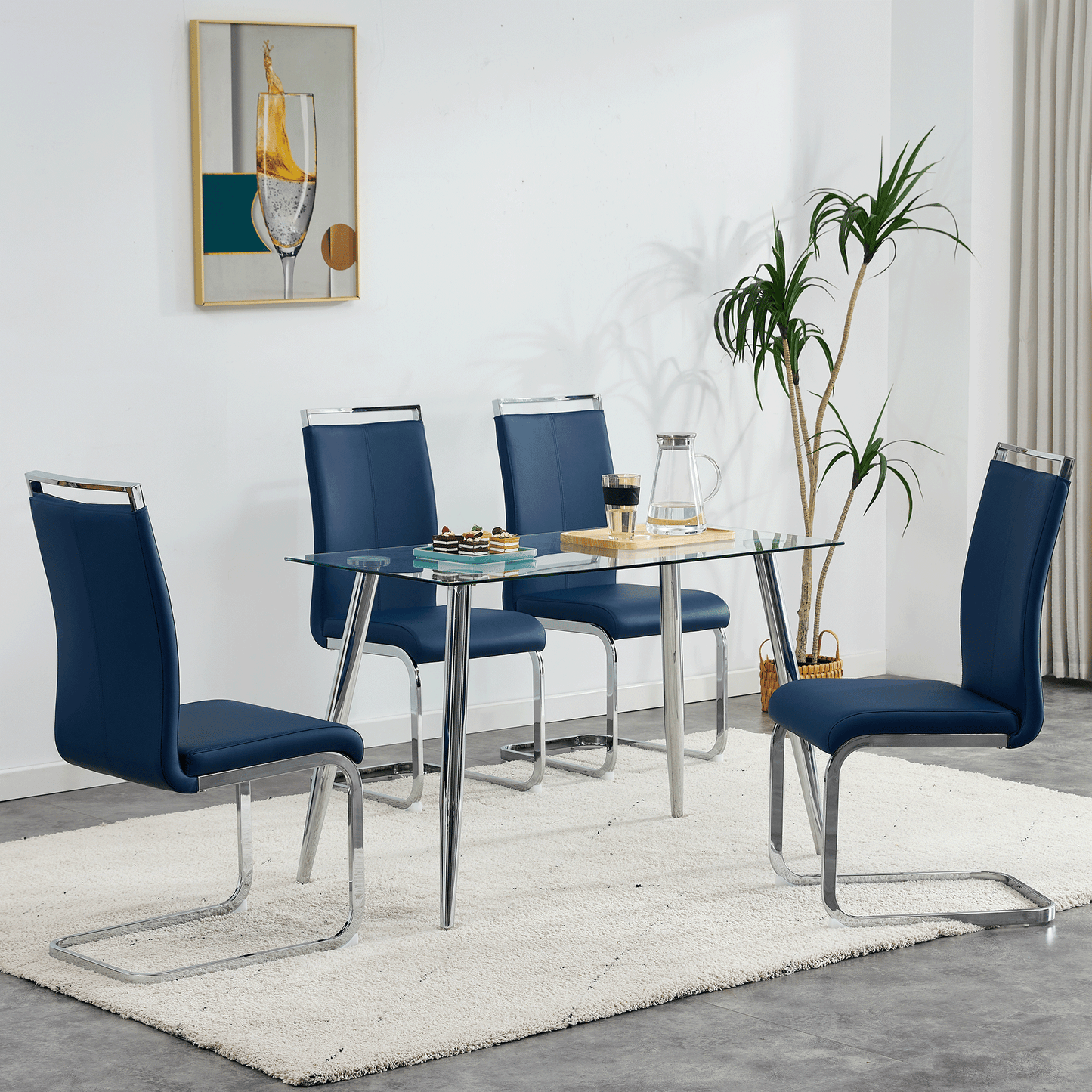 4-Piece Modern Dining Chairs in Blue,Chrome Frame, Waterproof PU Leather, High Back