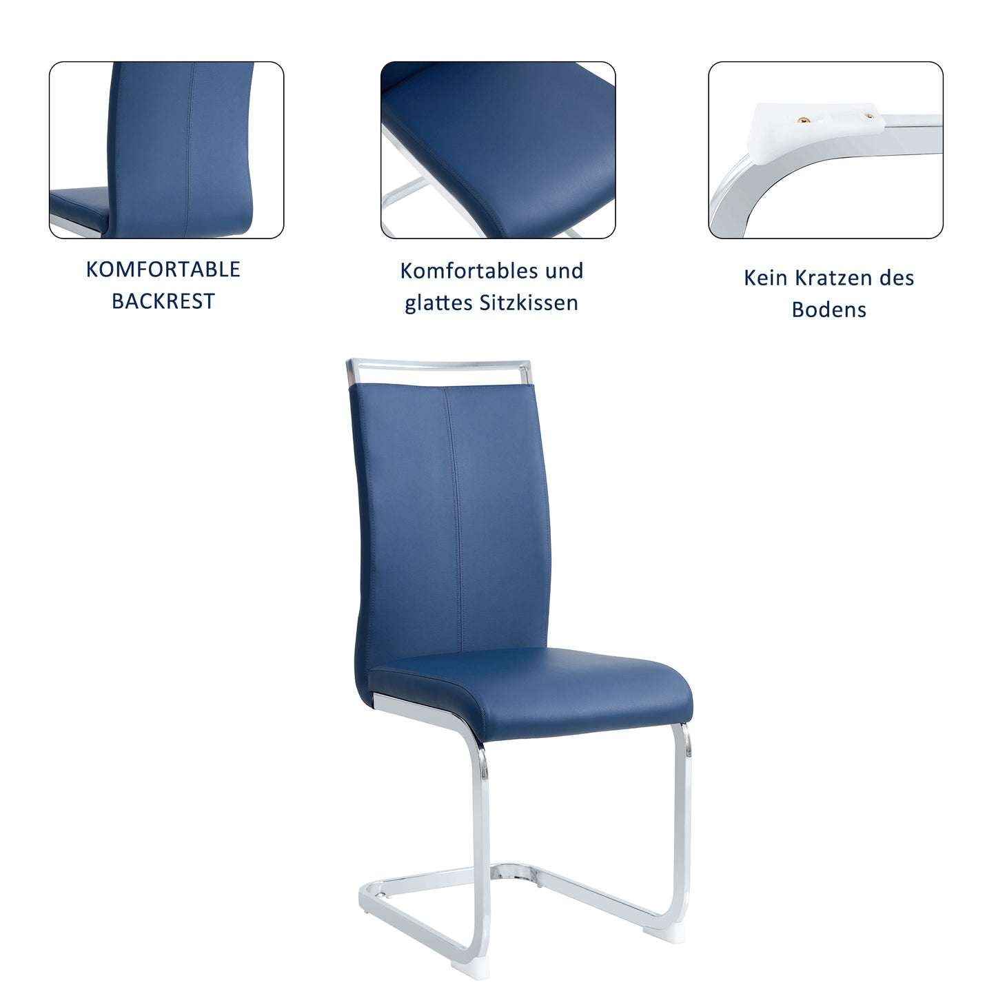 4-Piece Modern Dining Chairs in Blue,Chrome Frame, Waterproof PU Leather, High Back