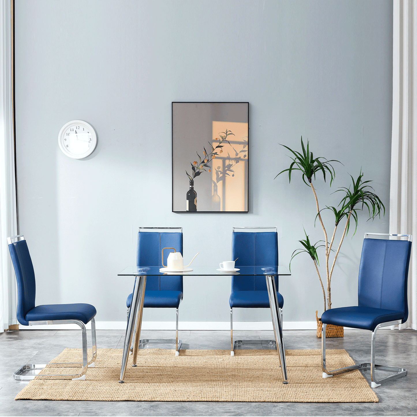 4-Piece Modern Dining Chairs in Blue,Chrome Frame, Waterproof PU Leather, High Back