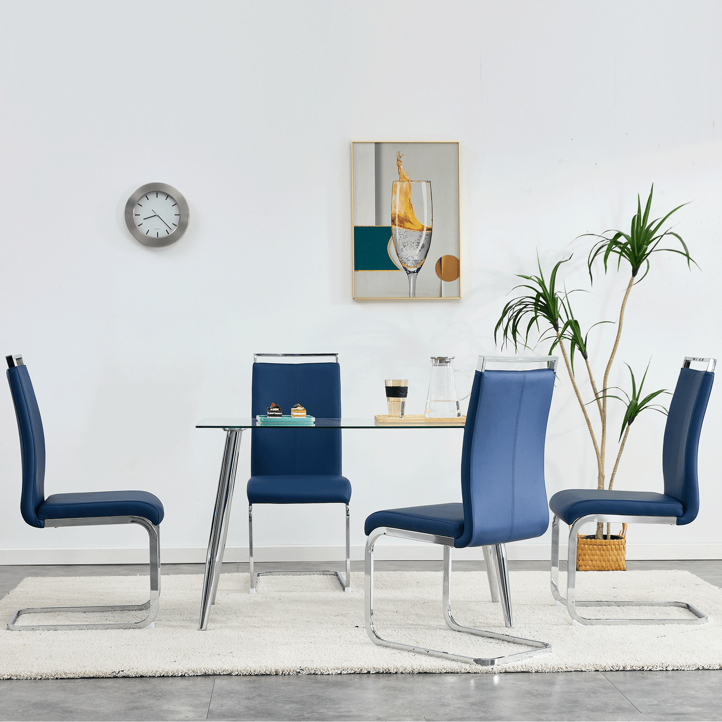 4-Piece Modern Dining Chairs in Blue,Chrome Frame, Waterproof PU Leather, High Back