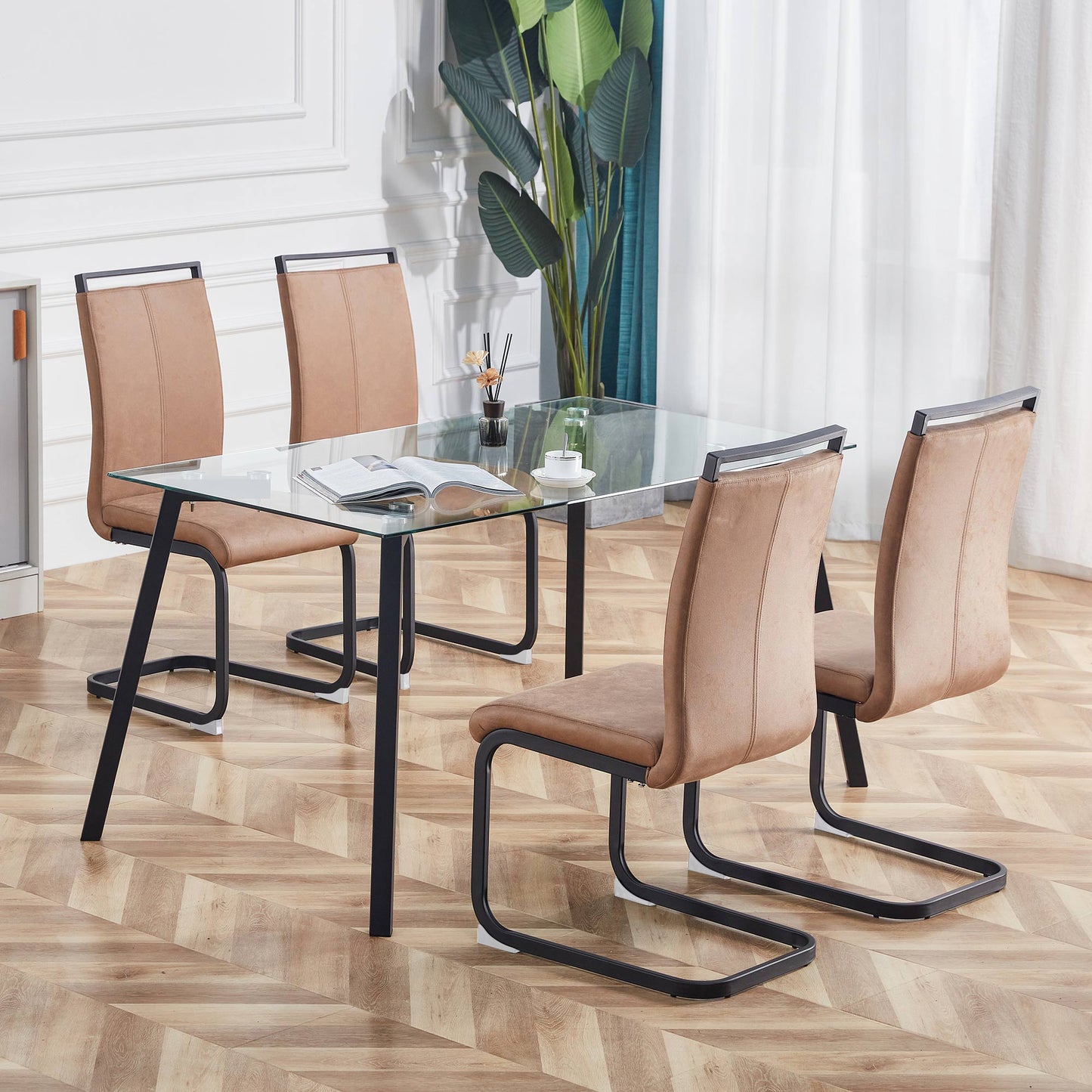 Contemporary 4-Piece Dining Chairs,Elegant Design, Water-Resistant, High-Back with Technofabric, Brown