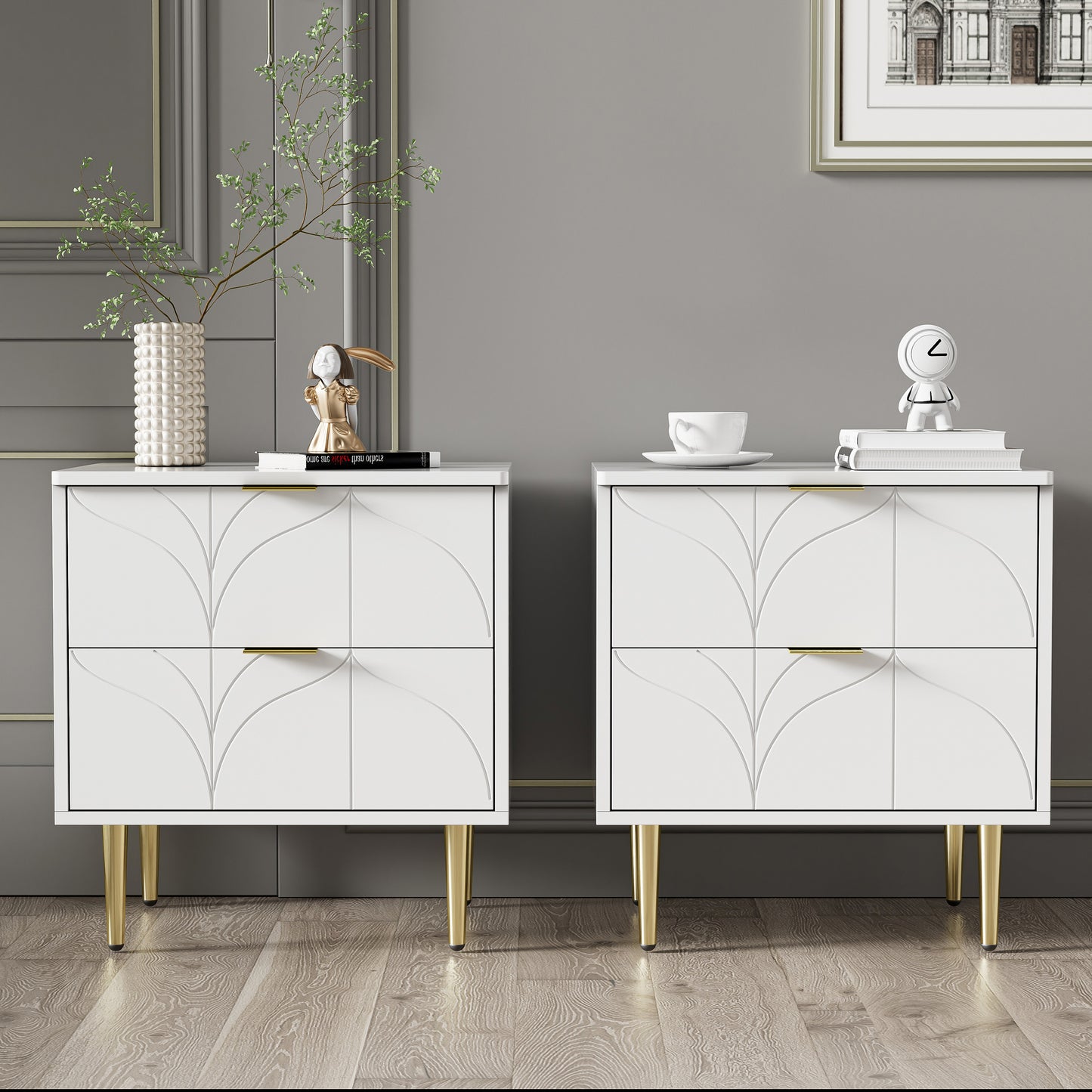 Stylish White Bedside Tables with Gold Accents-Floral Pattern